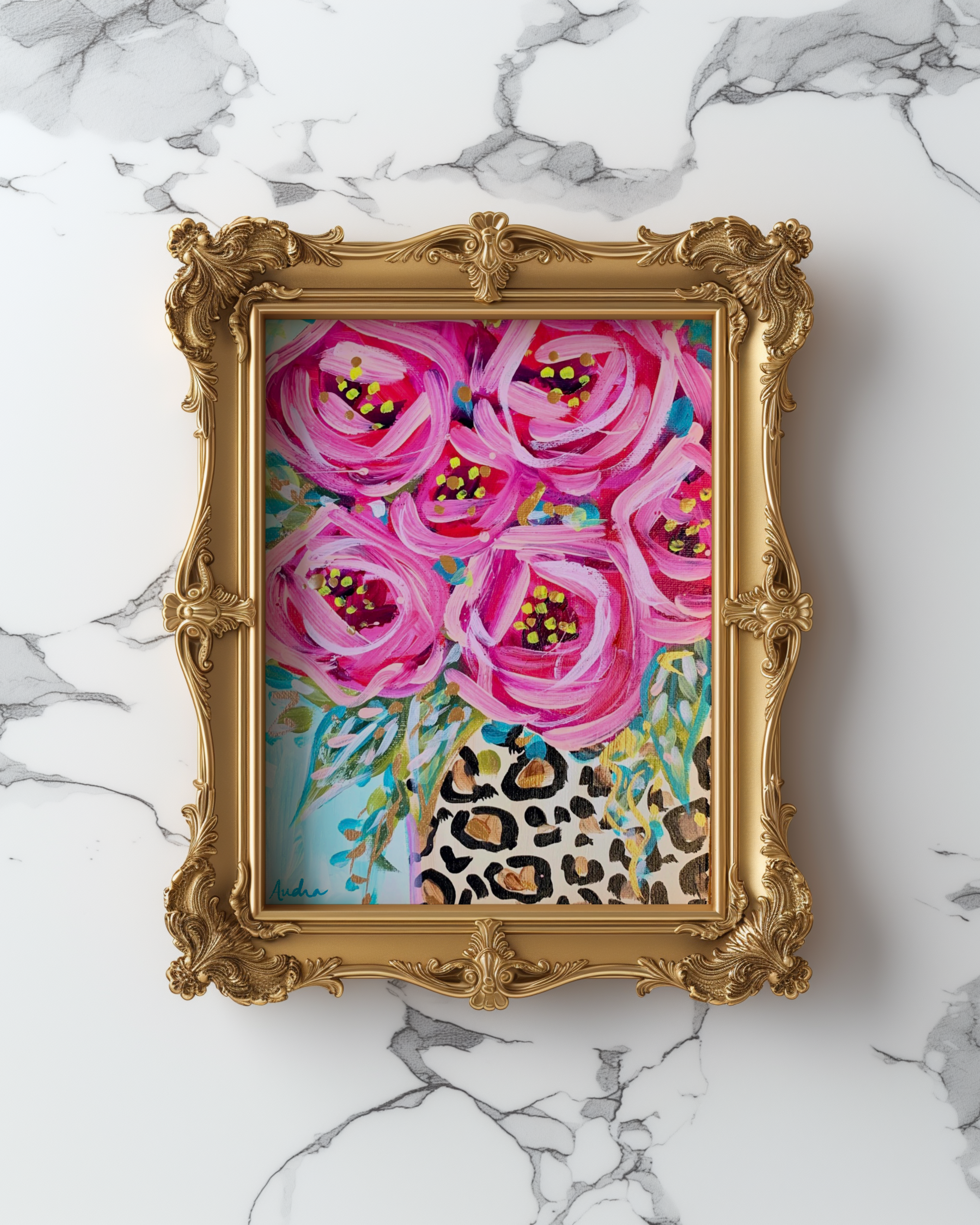 Leopard Rose Bouquet Art Print on Paper or Canvas - Maximalist Decor, Colorful Wall Poster, Pink Decor