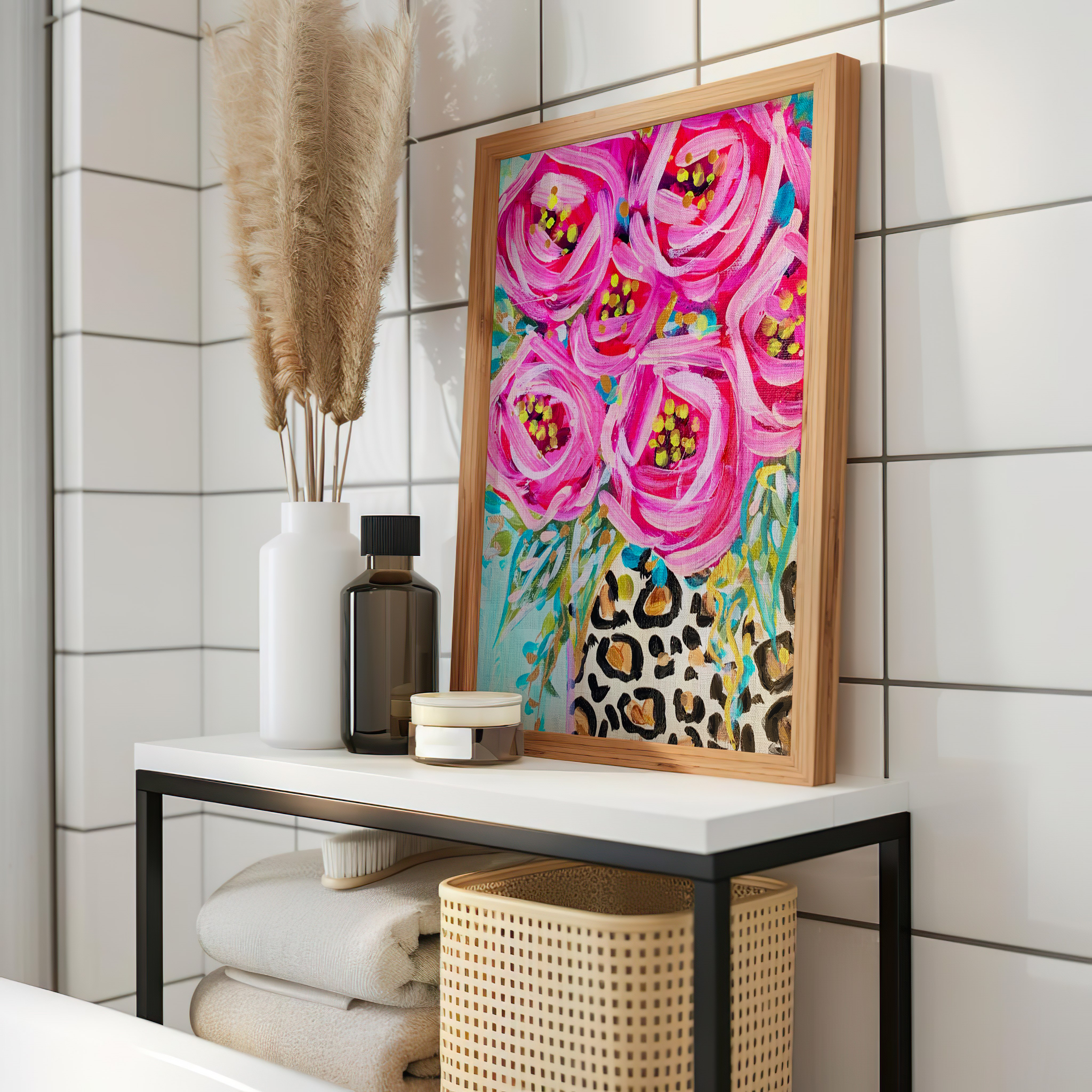 Leopard Rose Bouquet Art Print on Paper or Canvas - Maximalist Decor, Colorful Wall Poster, Pink Decor