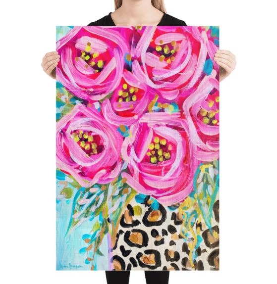 Leopard Rose Bouquet Art Print on Paper or Canvas - Maximalist Decor, Colorful Wall Poster, Pink Decor