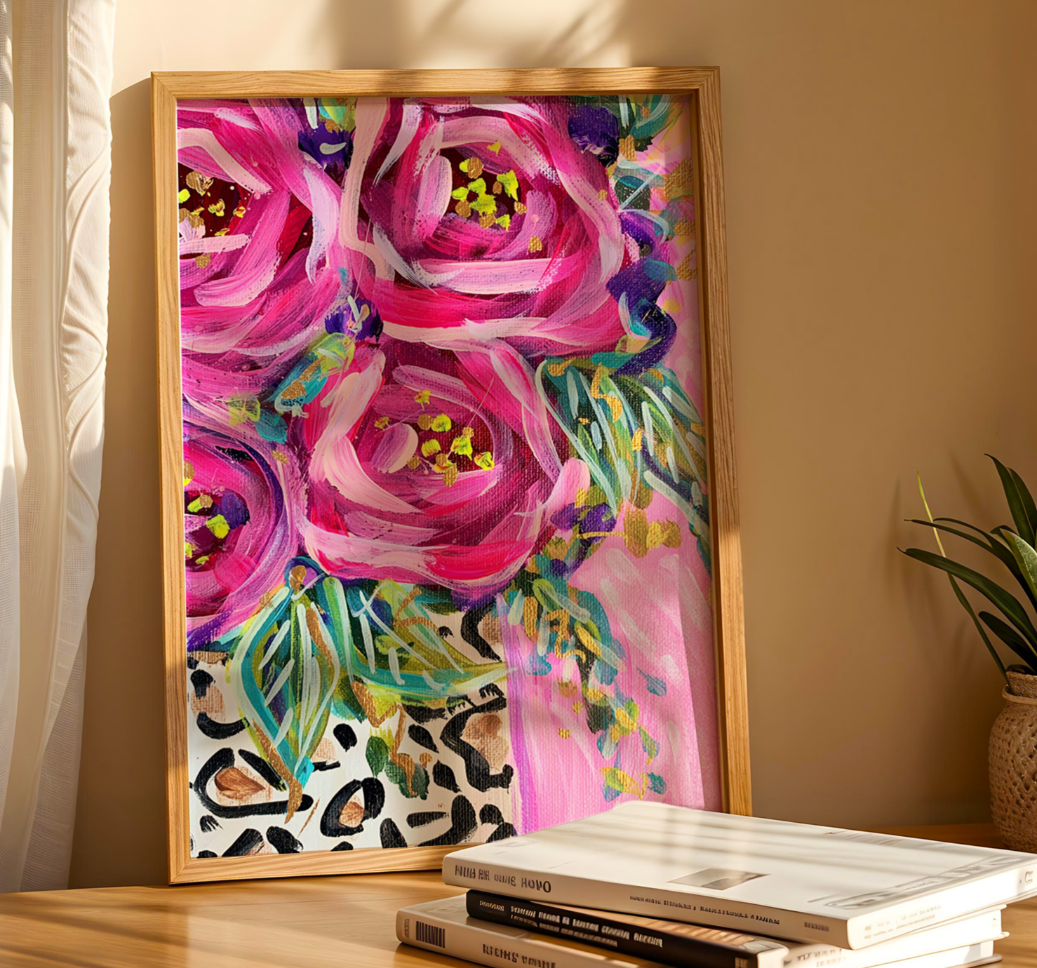 Leopard Rose Bouquet Art Print on Paper or Canvas - Maximalist Decor, Pink Wall Art Poster