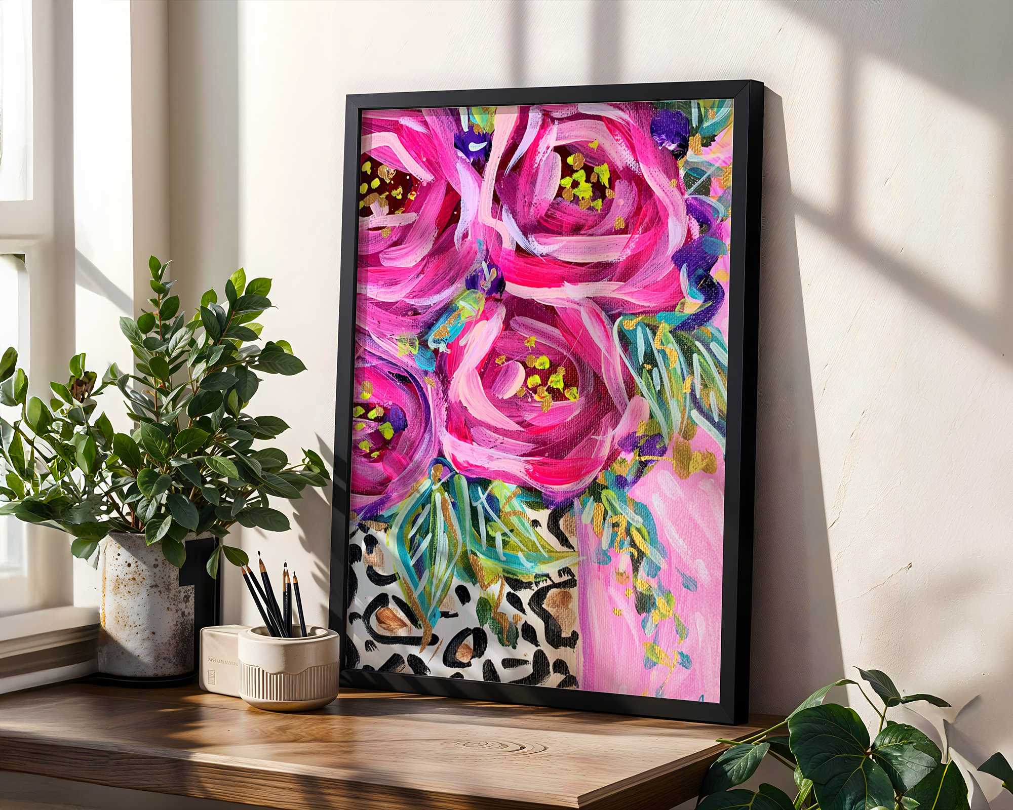 Leopard Rose Bouquet Art Print on Paper or Canvas - Maximalist Decor, Pink Wall Art Poster