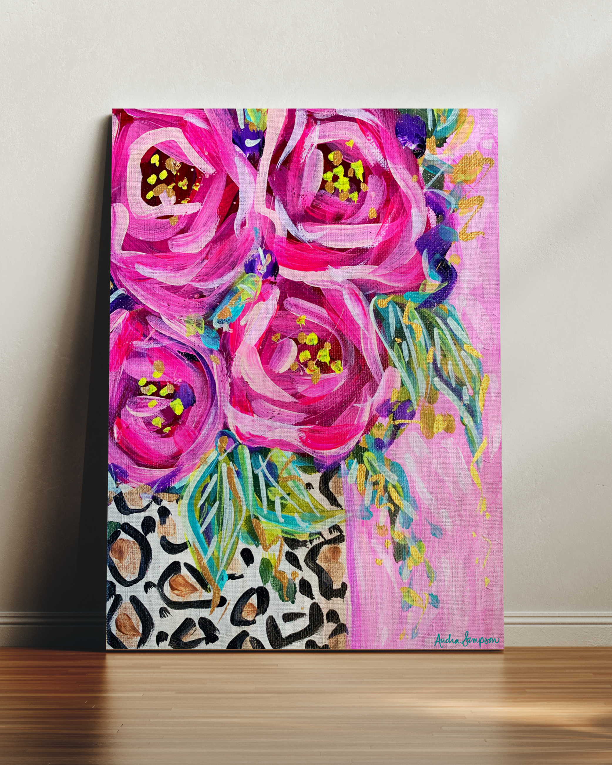 Leopard Rose Bouquet Art Print on Paper or Canvas - Maximalist Decor, Pink Wall Art Poster