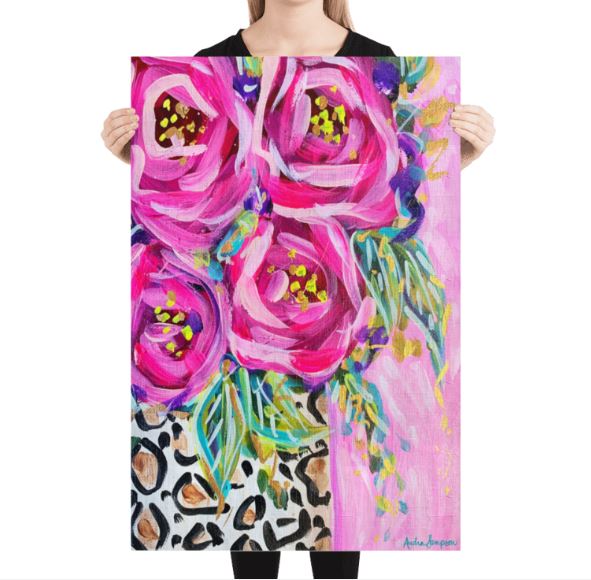 Leopard Rose Bouquet Art Print on Paper or Canvas - Maximalist Decor, Pink Wall Art Poster