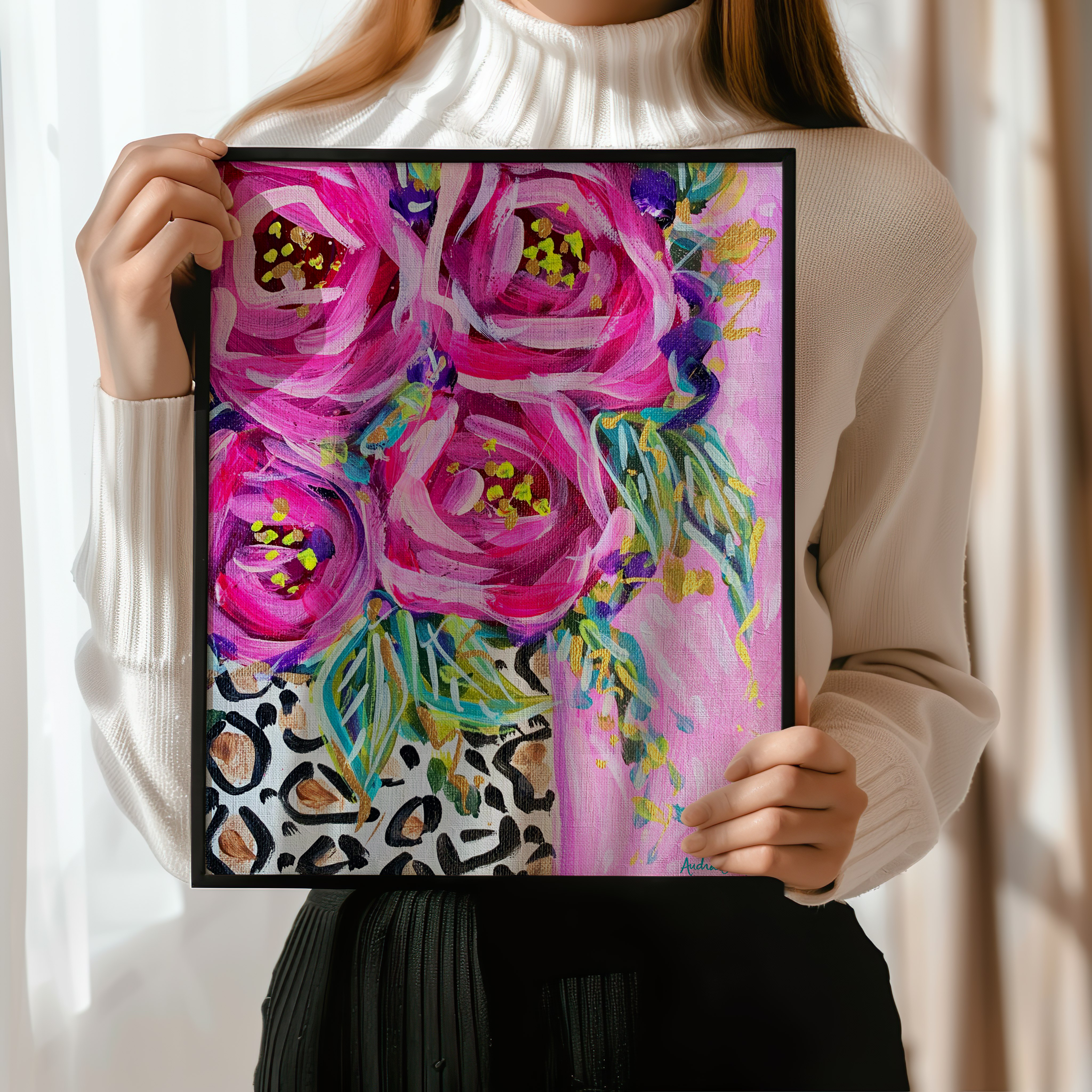 Leopard Rose Bouquet Art Print on Paper or Canvas - Maximalist Decor, Pink Wall Art Poster