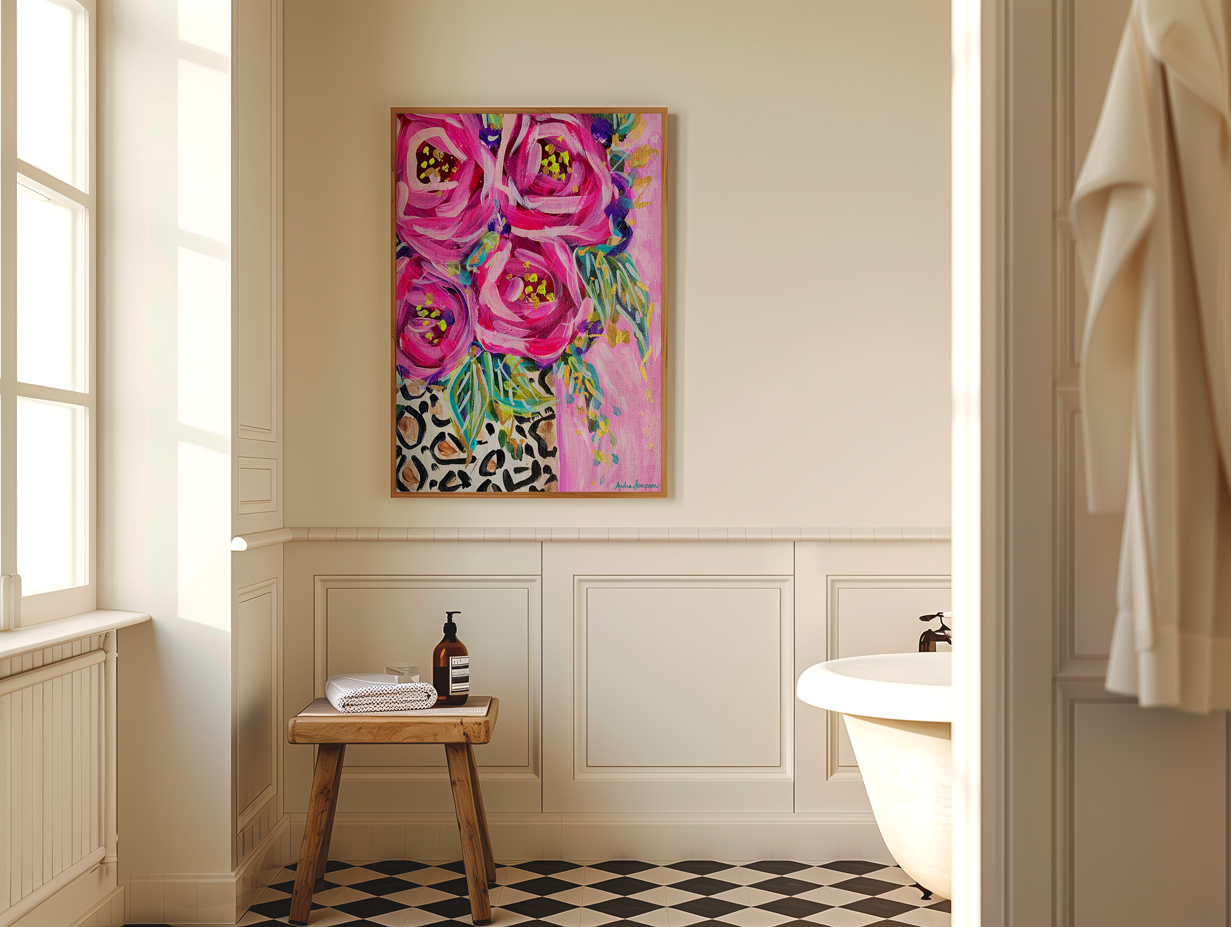 Leopard Rose Bouquet Art Print on Paper or Canvas - Maximalist Decor, Pink Wall Art Poster