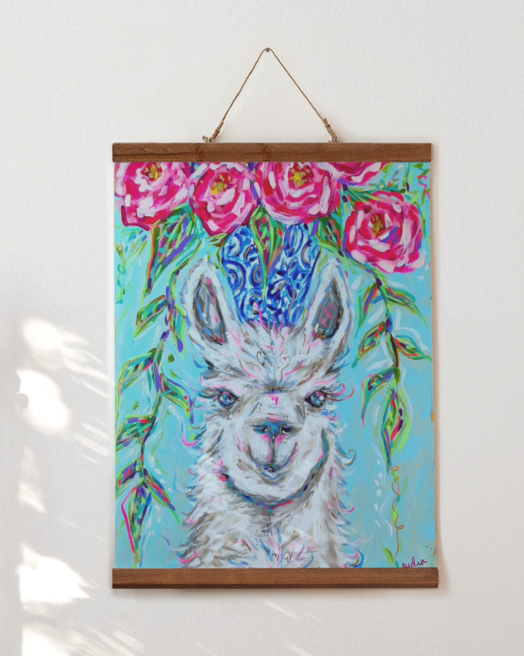 Llama Art Print on Paper or Canvas - Blue White Decor, Colorful Animal Art Poster