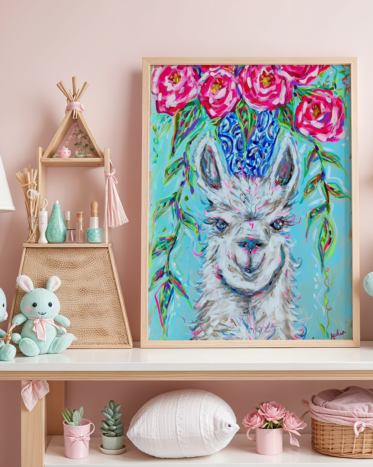 Llama Art Print on Paper or Canvas - Blue White Decor, Colorful Animal Art Poster