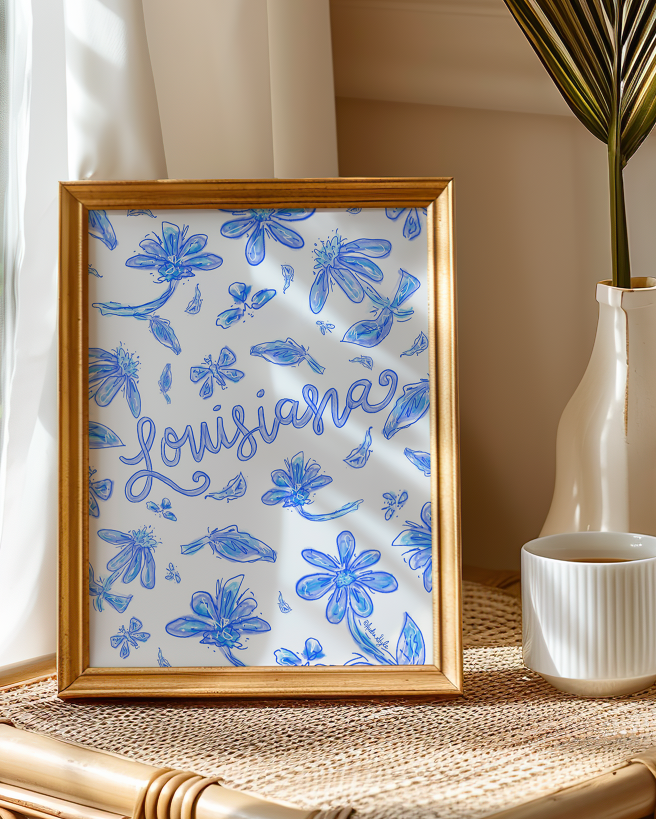 Louisiana Art Print on Paper or Canvas - State Pride, Hometown, Blue White Floral Wall Art Poster