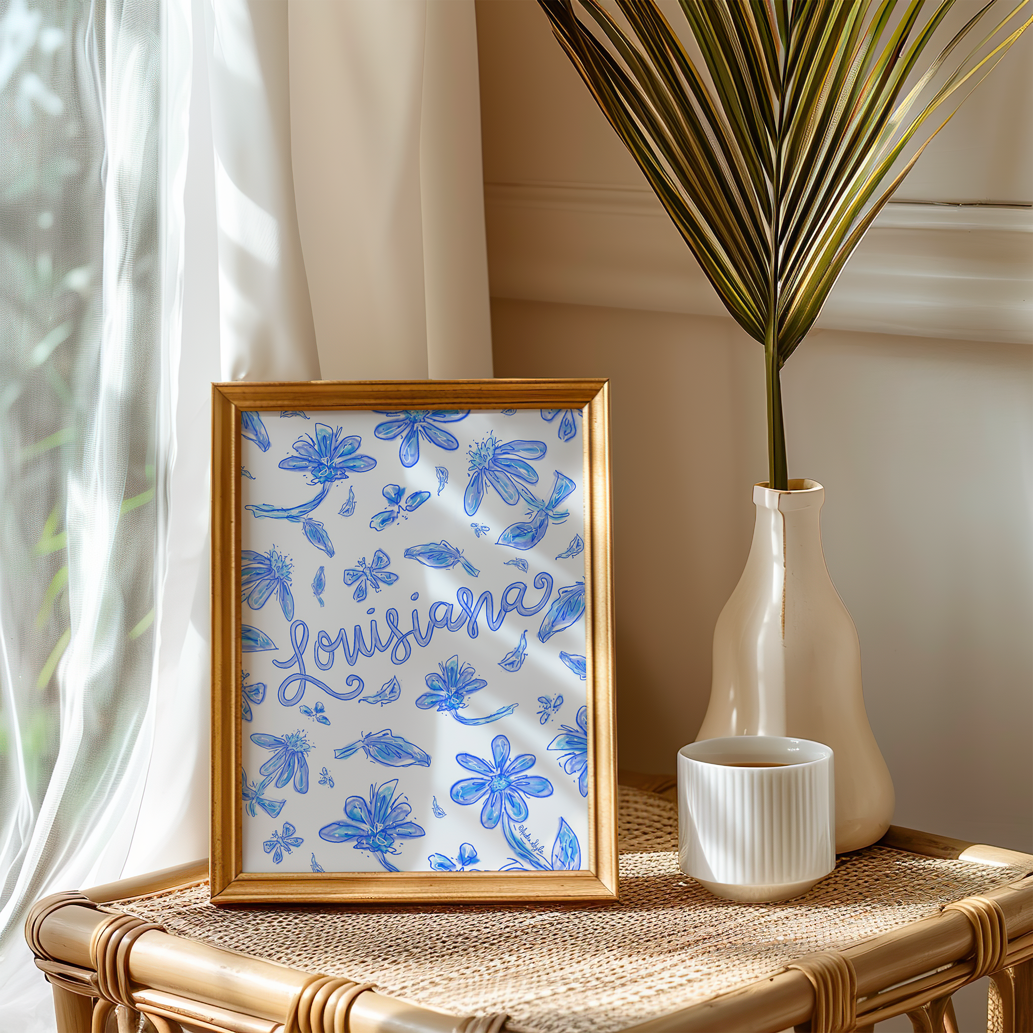 Louisiana Art Print on Paper or Canvas - State Pride, Hometown, Blue White Floral Wall Art Poster