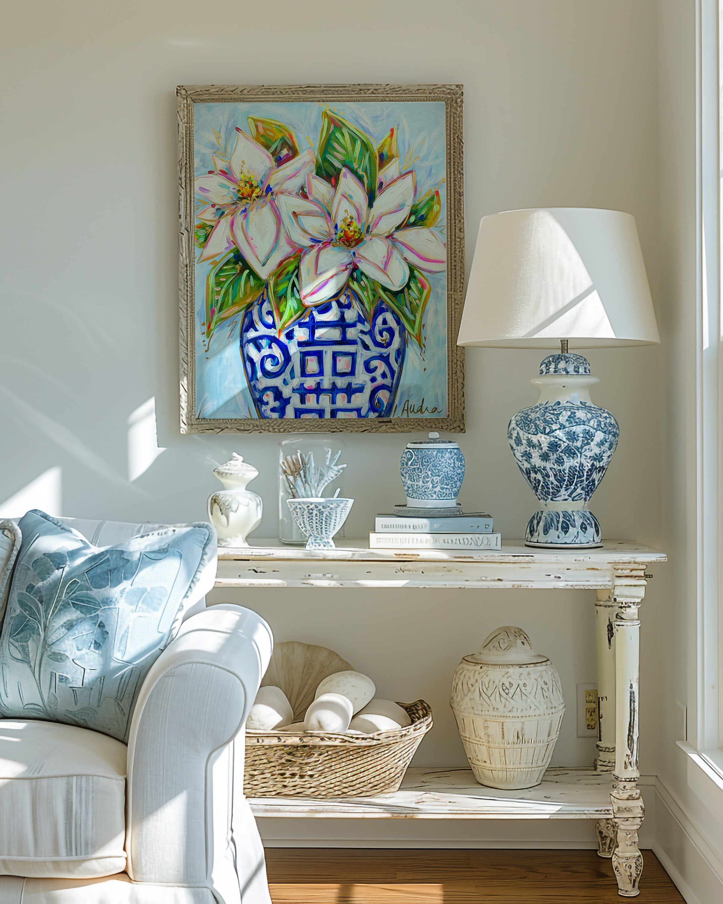 Magnolia Ginger Jar Art Print on Paper or Canvas - Blue White Decor, Grand Millennial Wall Poster