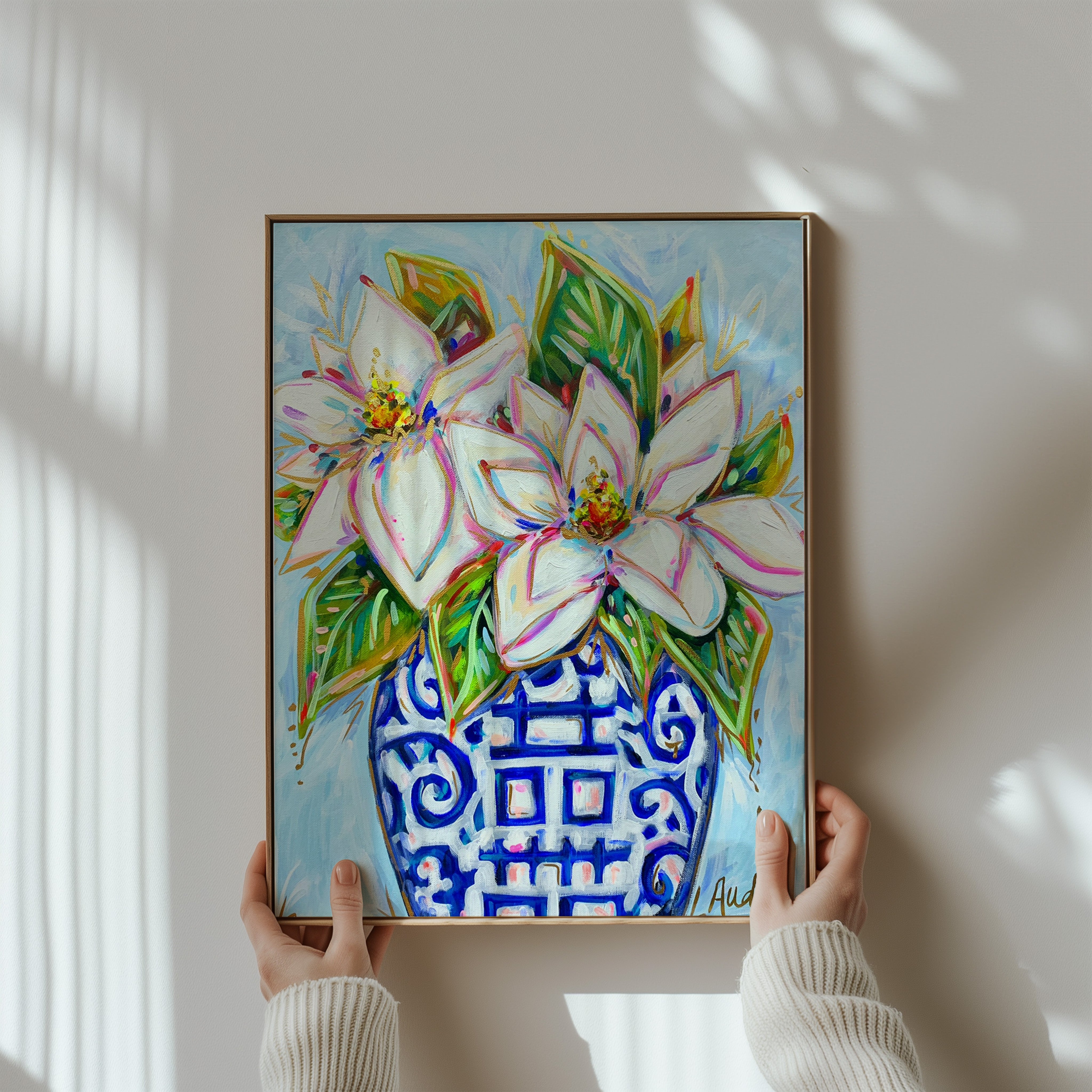 Magnolia Ginger Jar Art Print on Paper or Canvas - Blue White Decor, Grand Millennial Wall Poster