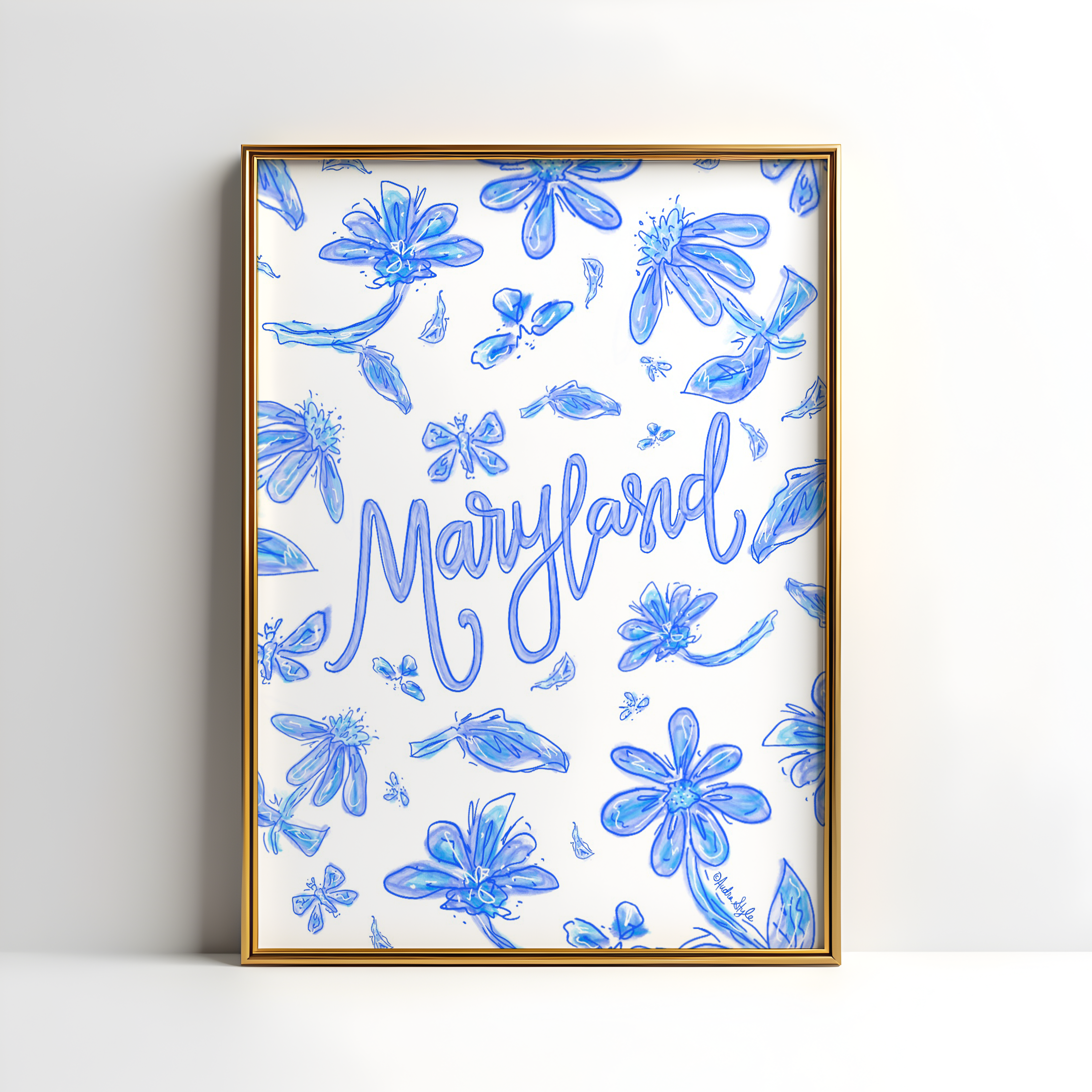 Maryland Art Print on Paper or Canvas - State Pride, Hometown, Blue White Floral Wall Art Poster