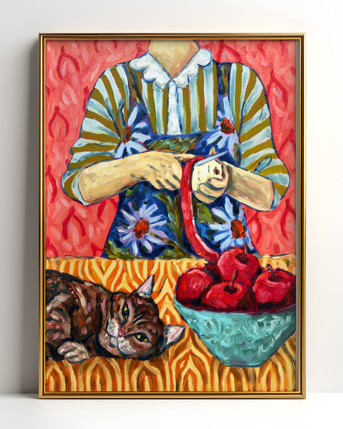 Tabby Cat and Apple Peeling Art Print on Paper or Canvas - Kitty Cat Art Poster