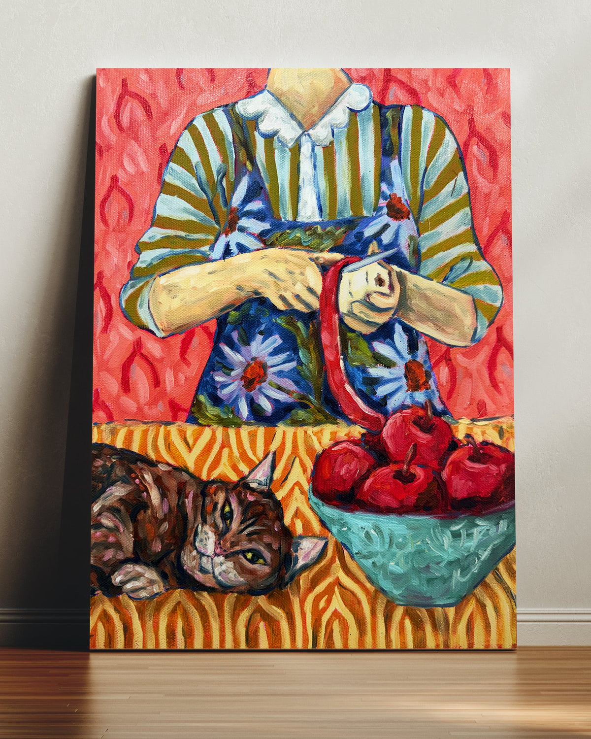 Tabby Cat and Apple Peeling Art Print on Paper or Canvas - Kitty Cat Art Poster