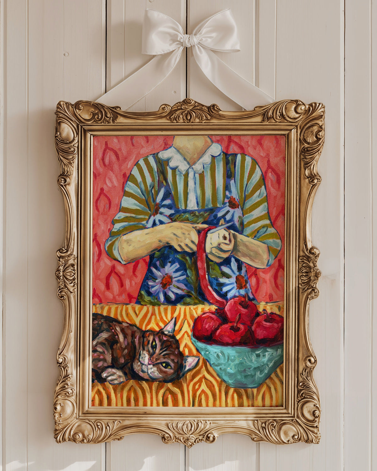 Tabby Cat and Apple Peeling Art Print on Paper or Canvas - Kitty Cat Art Poster