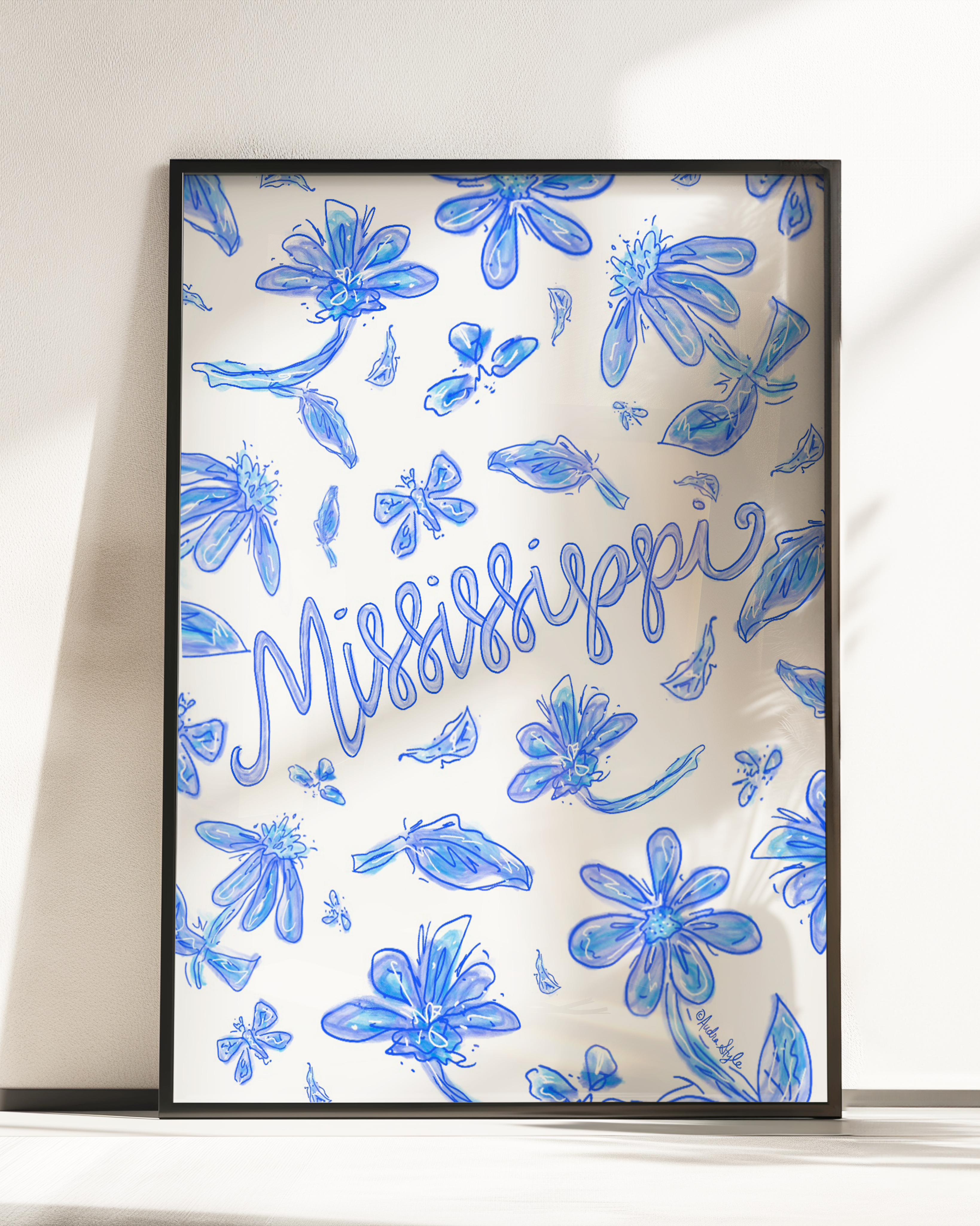 Mississippi Art Print on Paper or Canvas - State Pride, Hometown, Blue White Floral Wall Art Poster