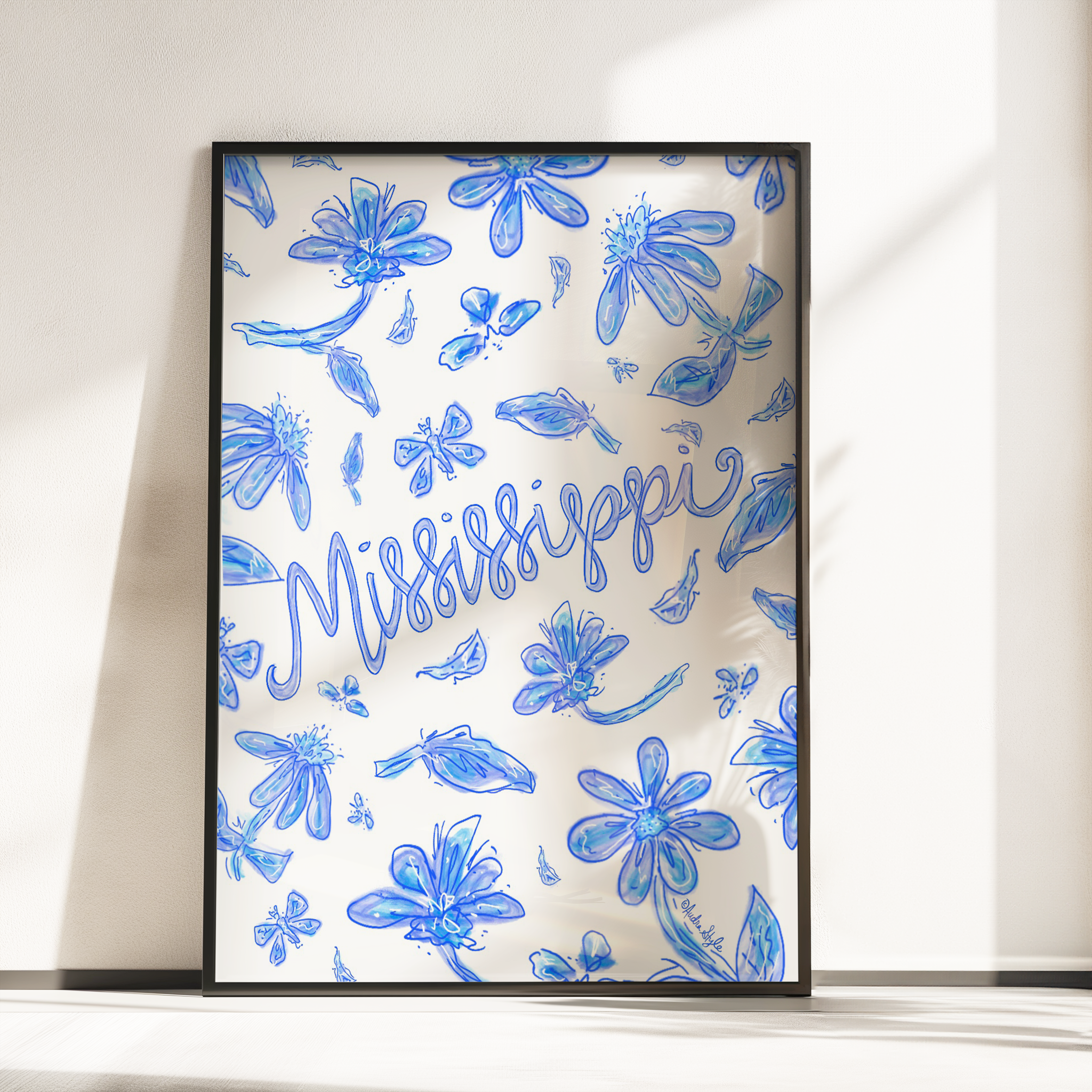 Mississippi Art Print on Paper or Canvas - State Pride, Hometown, Blue White Floral Wall Art Poster