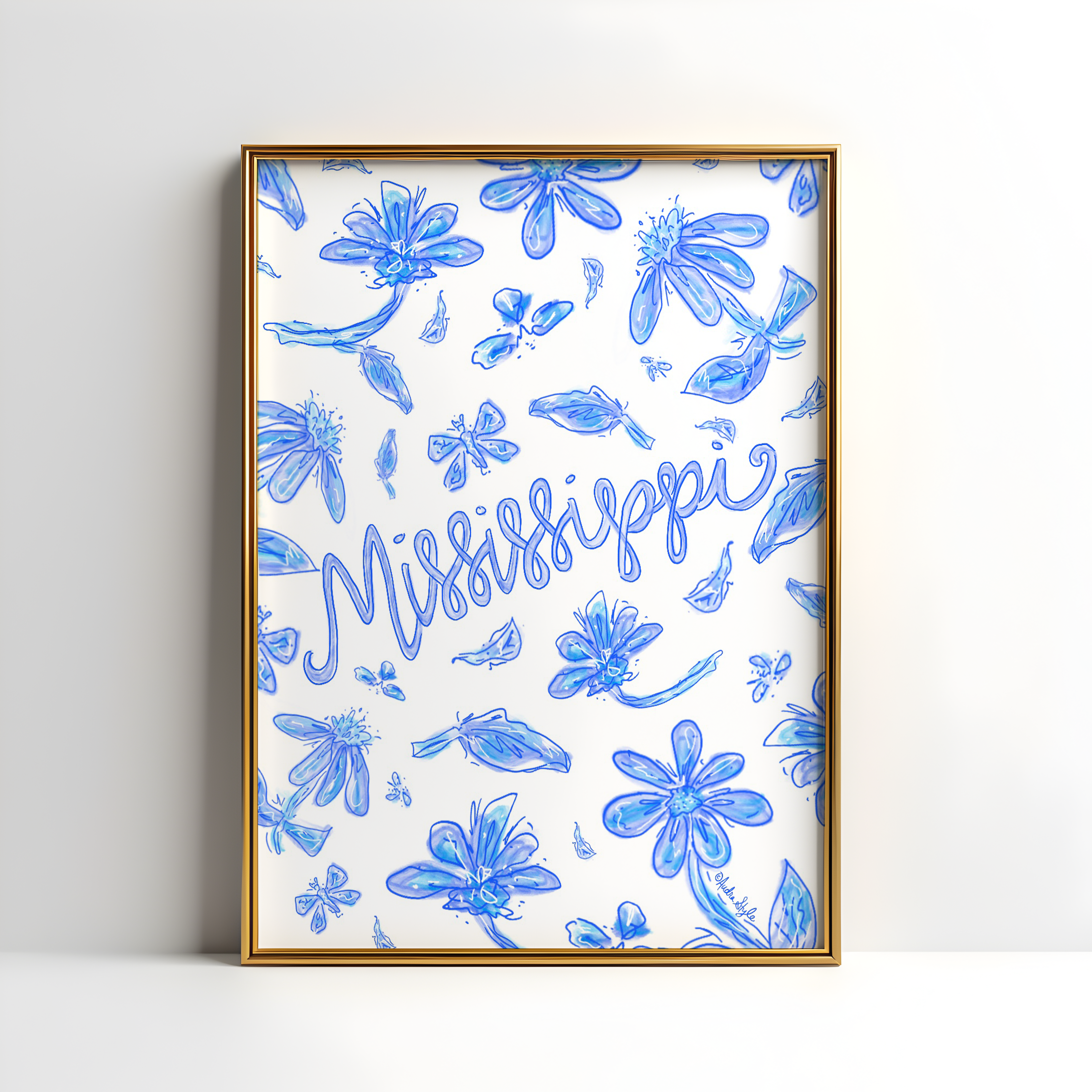 Mississippi Art Print on Paper or Canvas - State Pride, Hometown, Blue White Floral Wall Art Poster