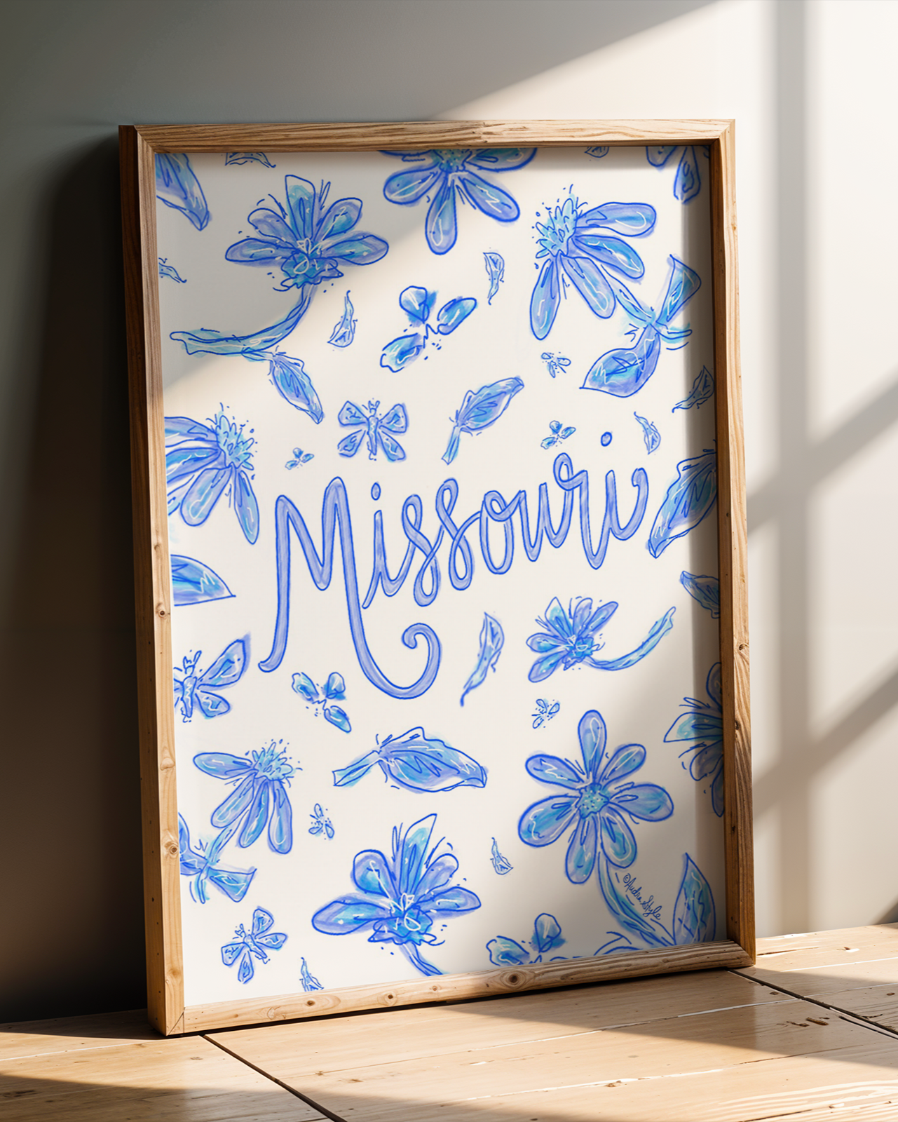 Missouri Art Print on Paper or Canvas - State Pride, Hometown, Blue White Floral Wall Art Poster