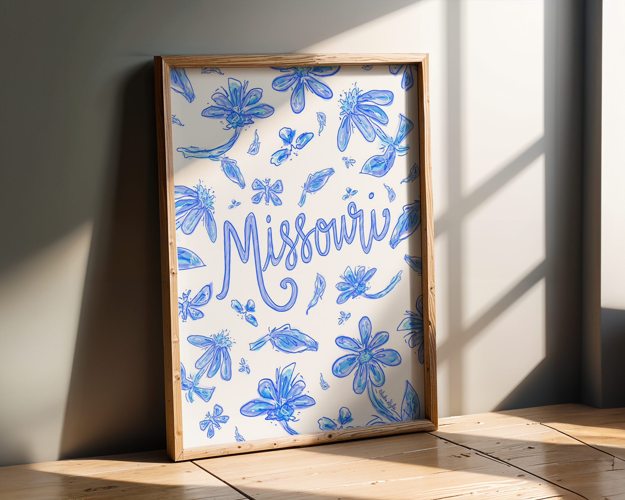 Missouri Art Print on Paper or Canvas - State Pride, Hometown, Blue White Floral Wall Art Poster