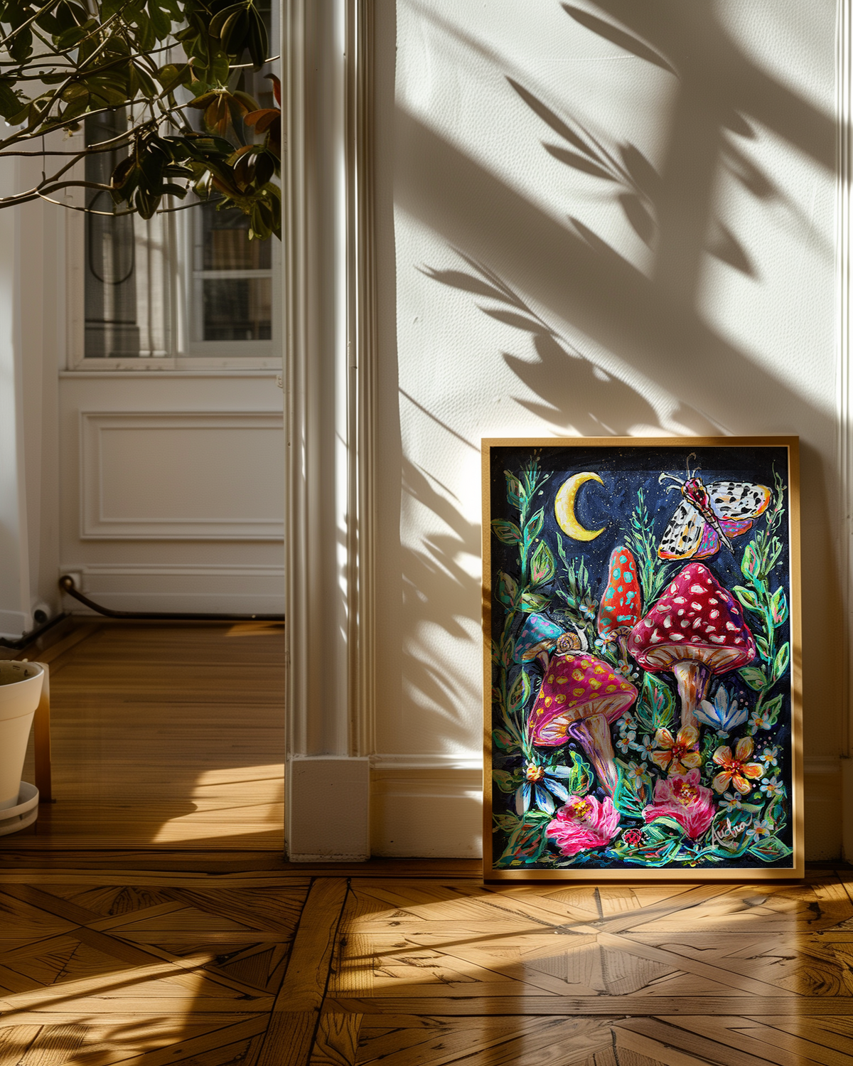 Mushroom Moon Moth Art Print on Paper or Canvas - Rustic Earthy Decor