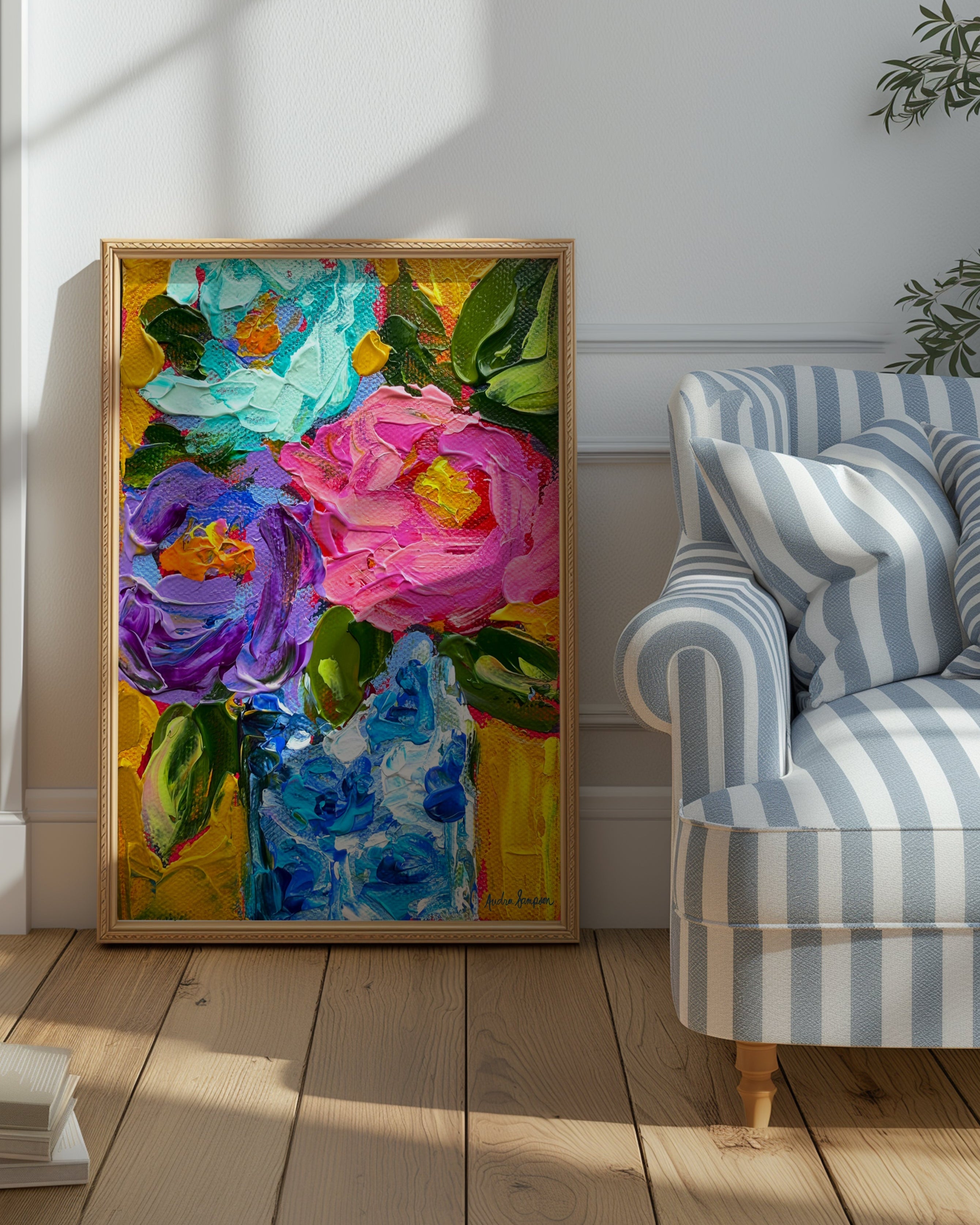 Mustard Background Blue White vase Art Print on Paper or Canvas - Floral Decor, Maximalist Art Poster