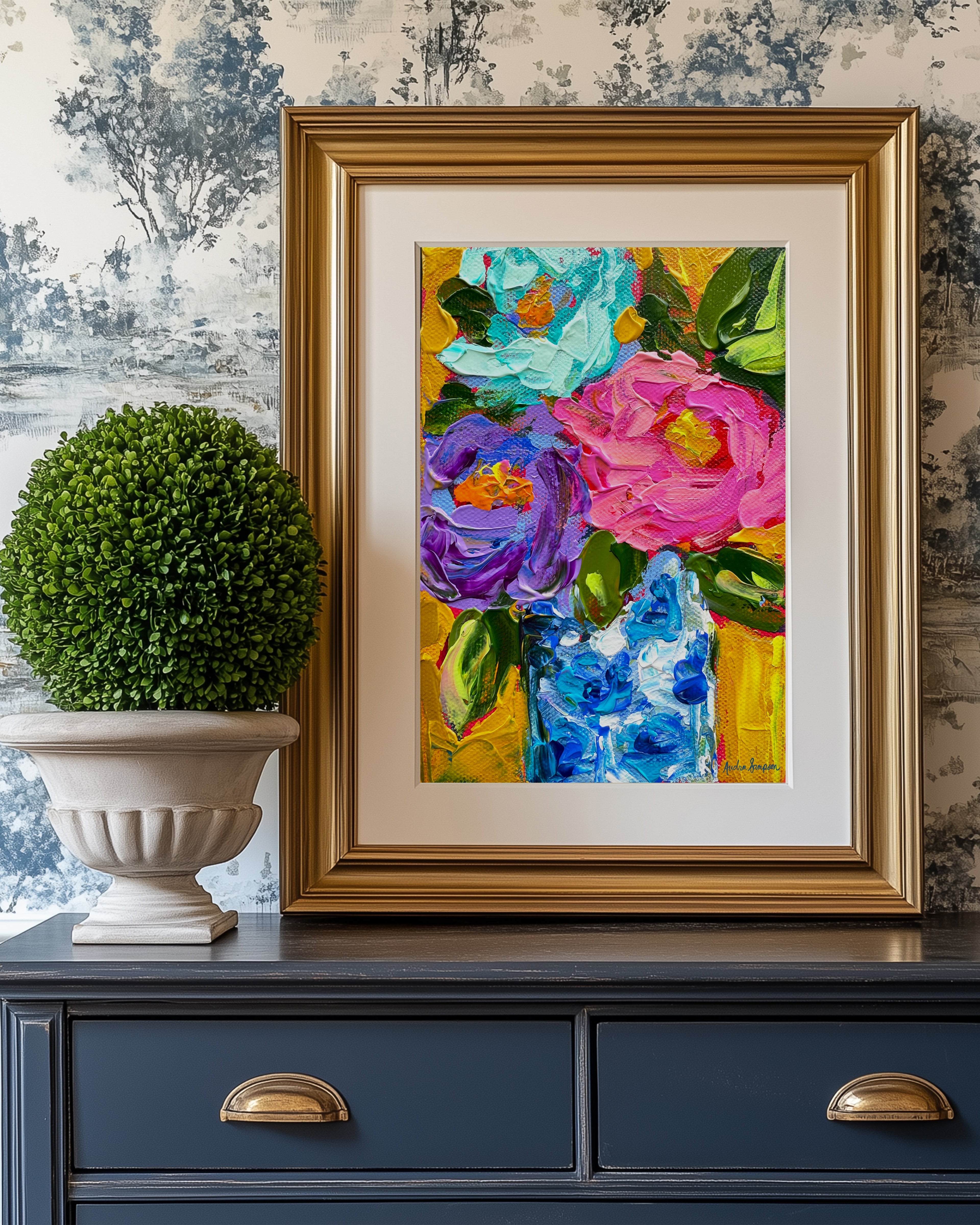 Mustard Background Blue White vase Art Print on Paper or Canvas - Floral Decor, Maximalist Art Poster