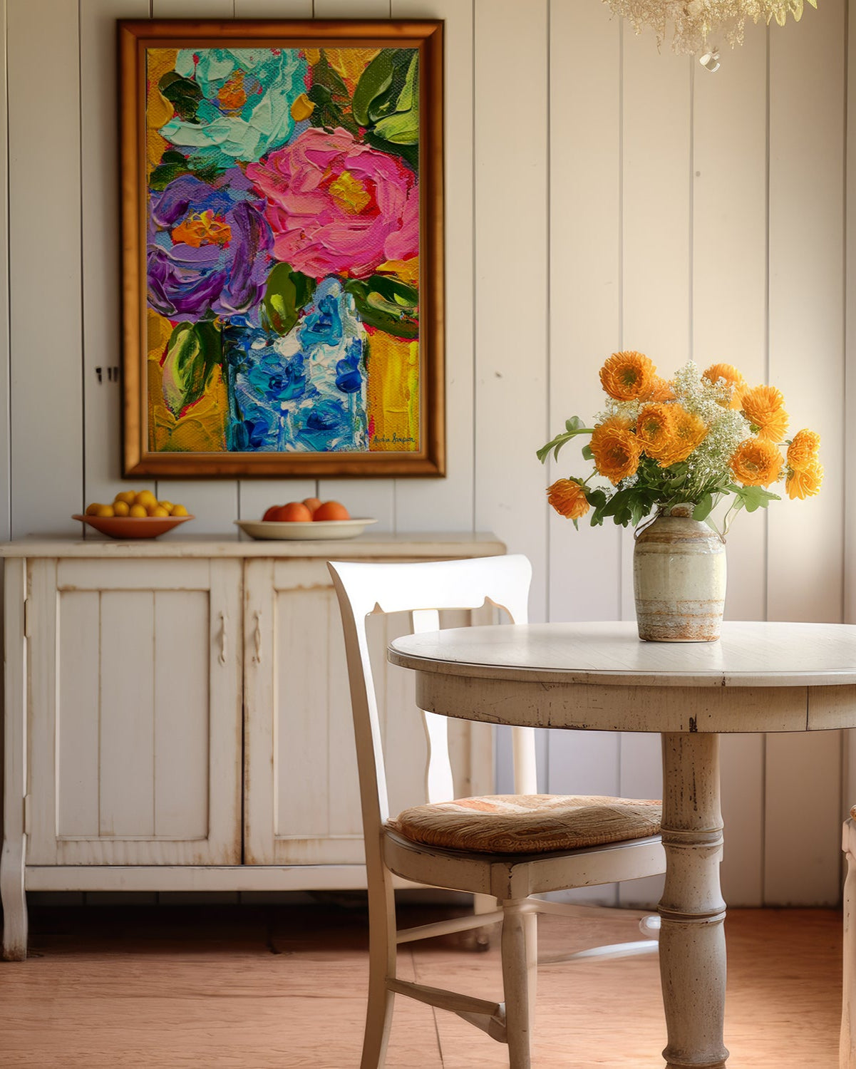 Mustard Background Blue White vase Art Print on Paper or Canvas - Floral Decor, Maximalist Art Poster