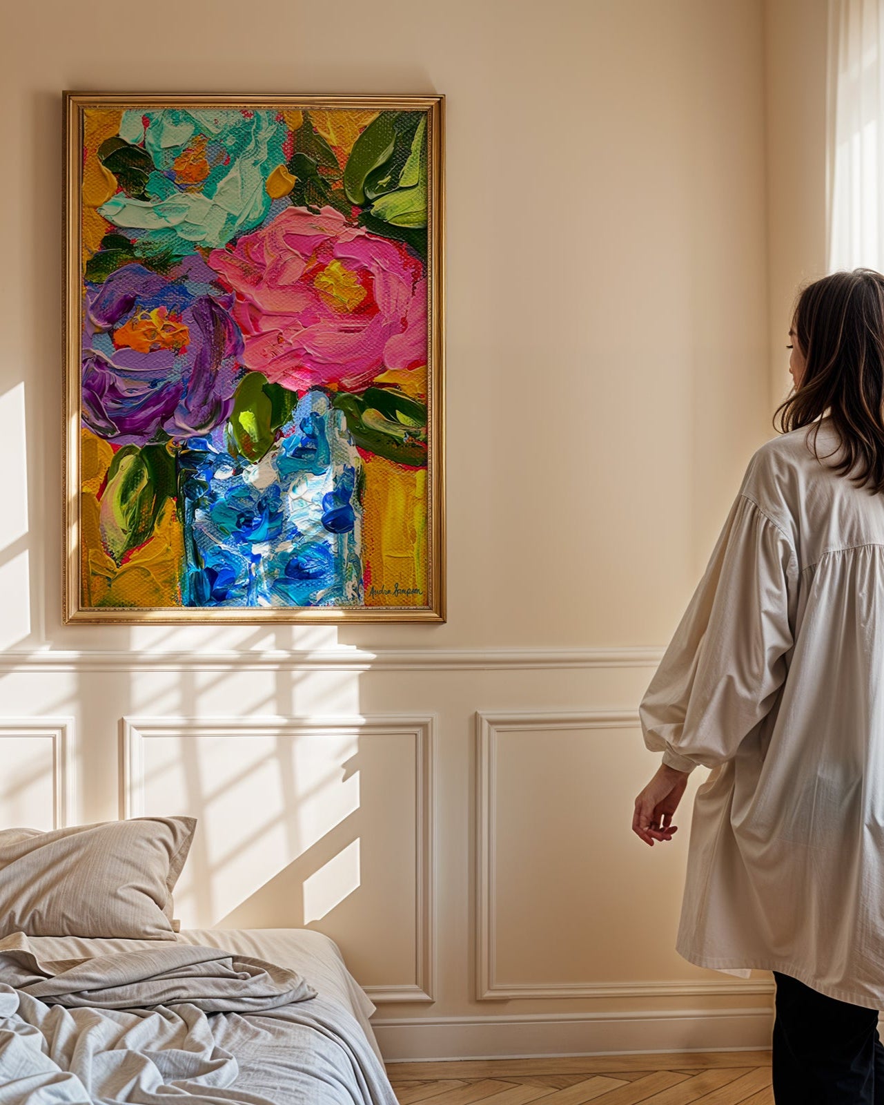 Mustard Background Blue White vase Art Print on Paper or Canvas - Floral Decor, Maximalist Art Poster