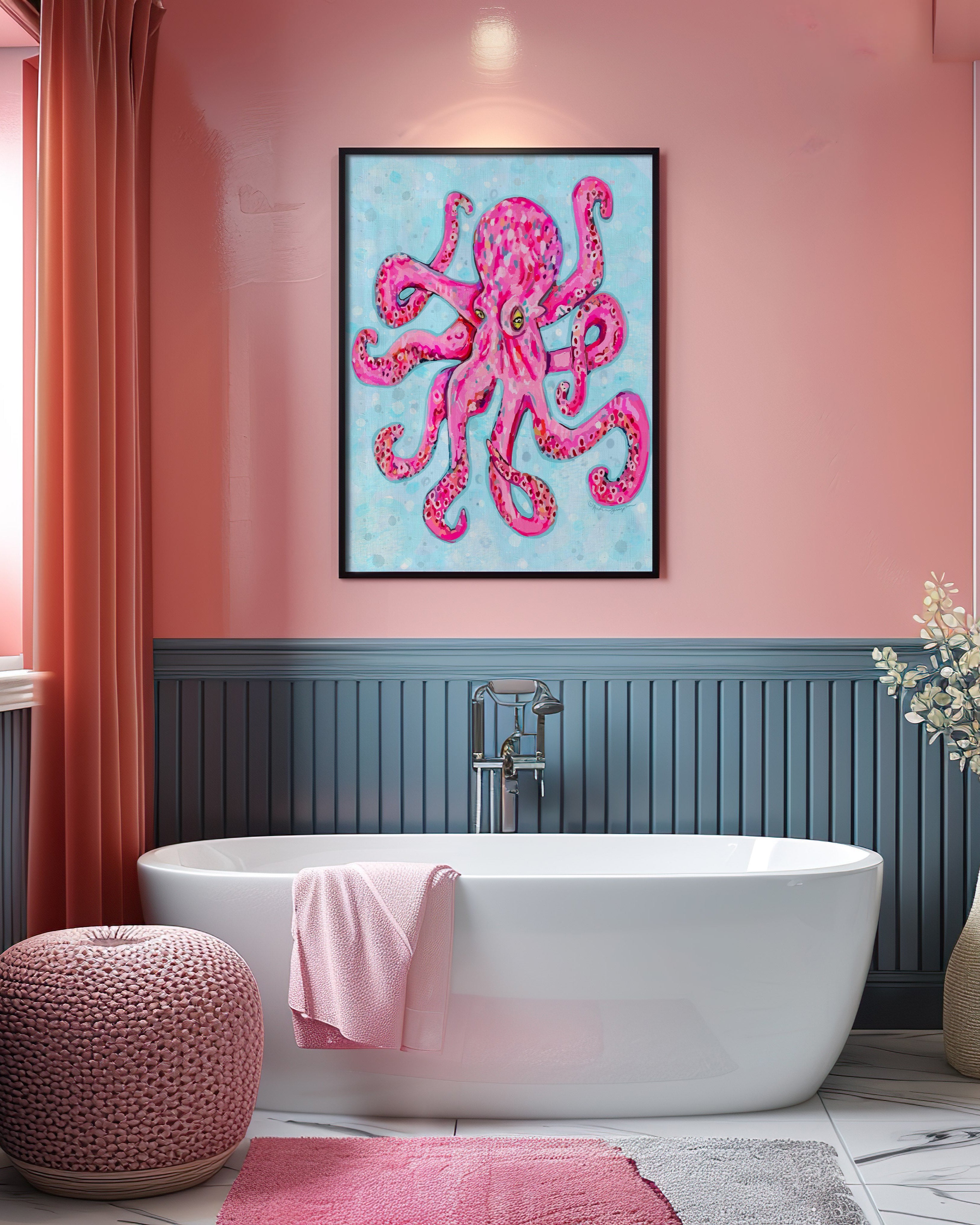Octopus Art Print on Paper or Canvas - Coastal Wall Art, Nautical Beach Decor, Seafood Kitchen Poster