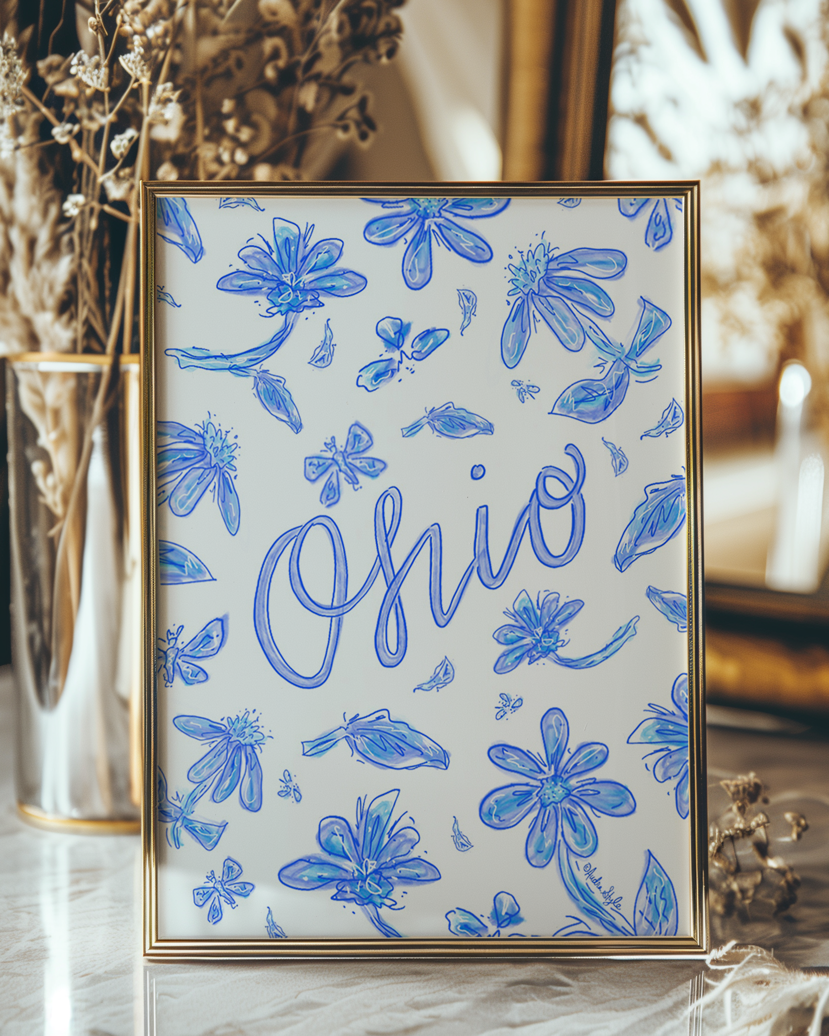 Ohio Art Print on Paper or Canvas - State Pride, Hometown, Blue White Floral Wall Art Poster