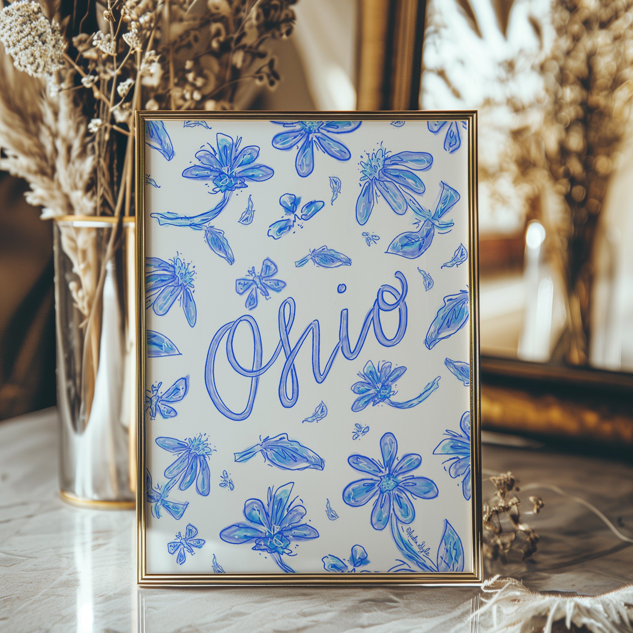 Ohio Art Print on Paper or Canvas - State Pride, Hometown, Blue White Floral Wall Art Poster