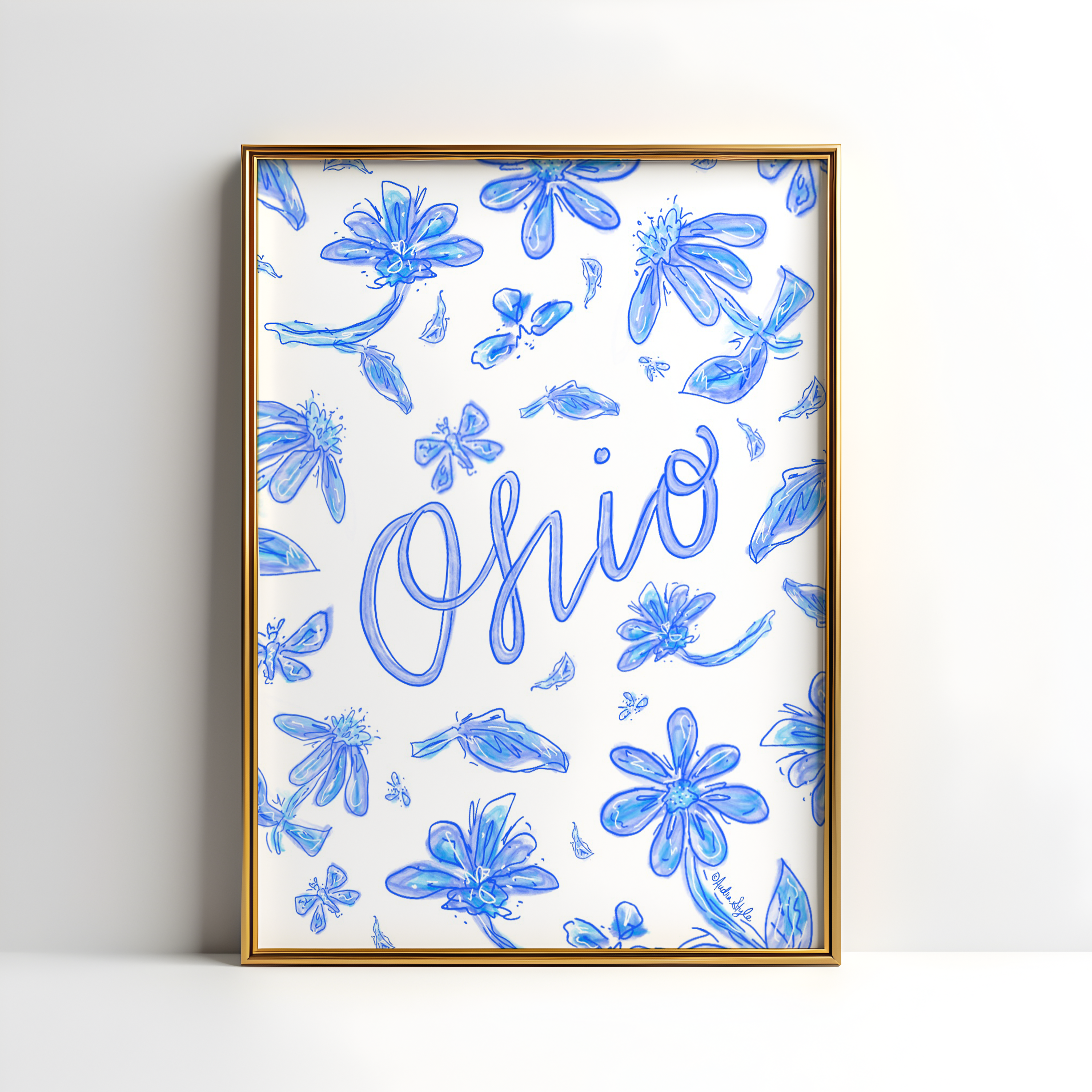 Ohio Art Print on Paper or Canvas - State Pride, Hometown, Blue White Floral Wall Art Poster