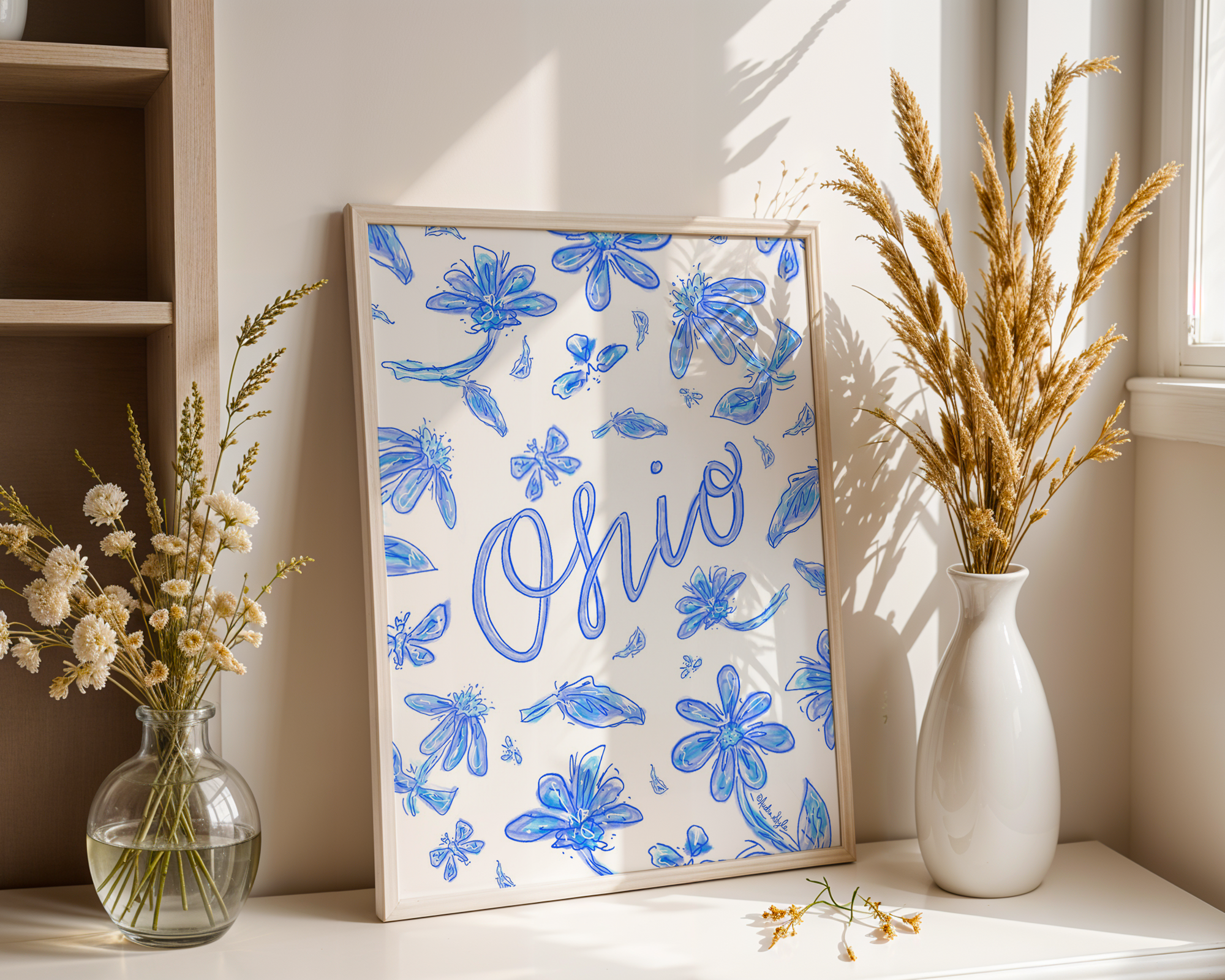 Ohio Art Print on Paper or Canvas - State Pride, Hometown, Blue White Floral Wall Art Poster