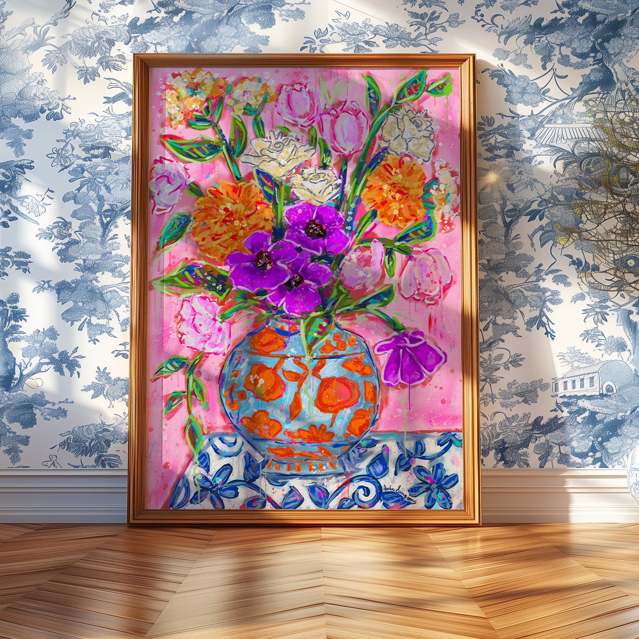 Orange & Blue Vase Bouquet Art Print on Paper or Canvas - Maximalist Decor, Pink Wall Art Poster