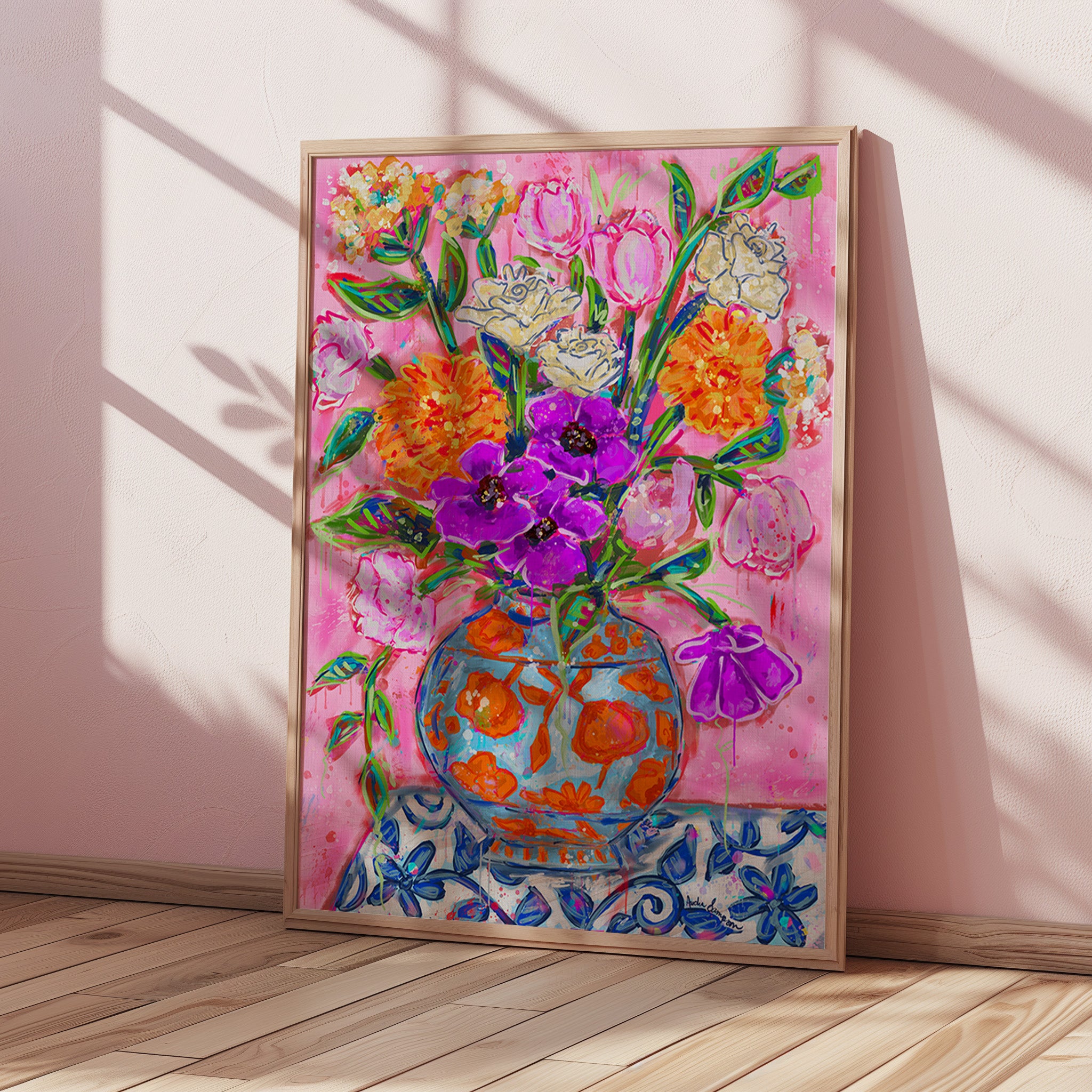 Orange & Blue Vase Bouquet Art Print on Paper or Canvas - Maximalist Decor, Pink Wall Art Poster