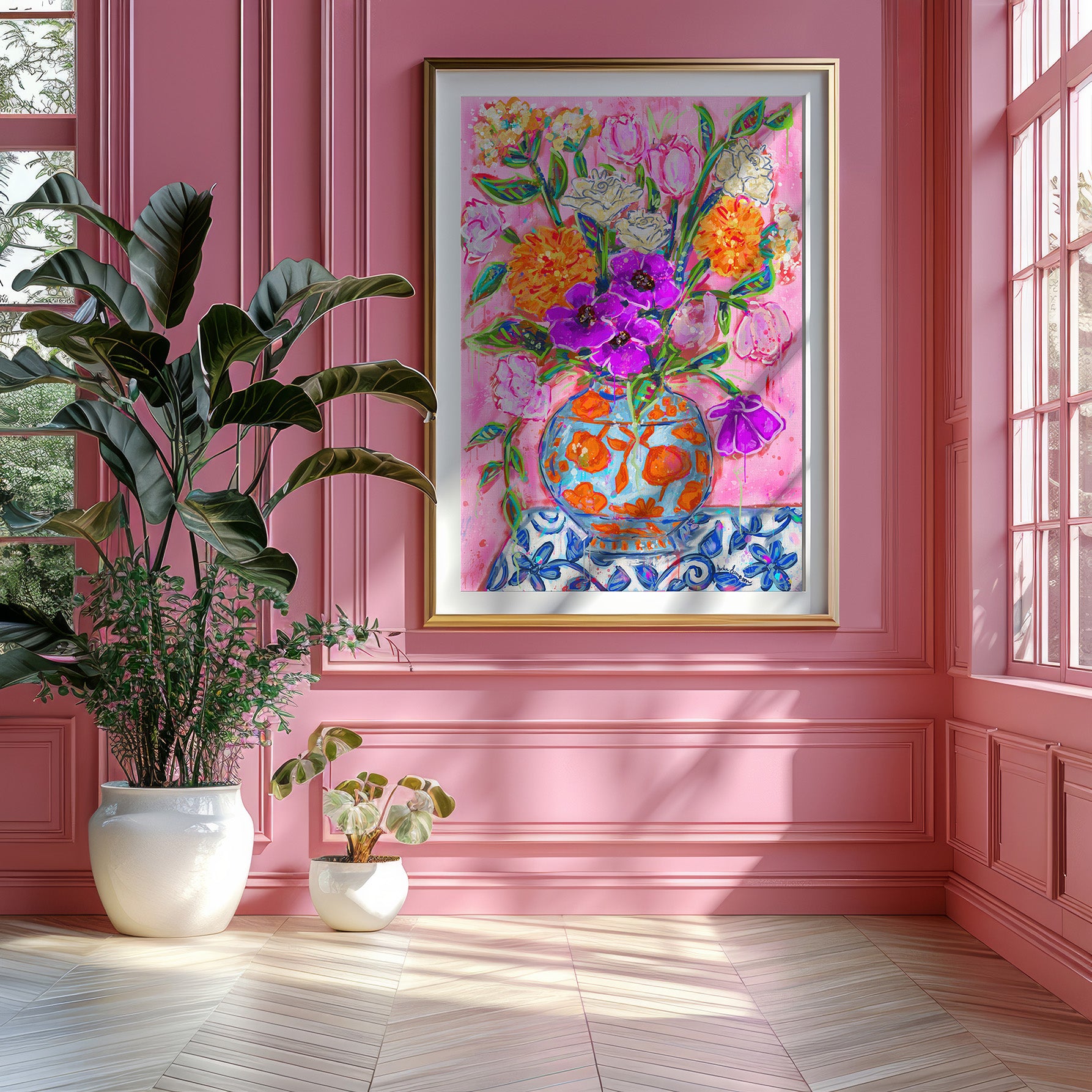 Orange & Blue Vase Bouquet Art Print on Paper or Canvas - Maximalist Decor, Pink Wall Art Poster