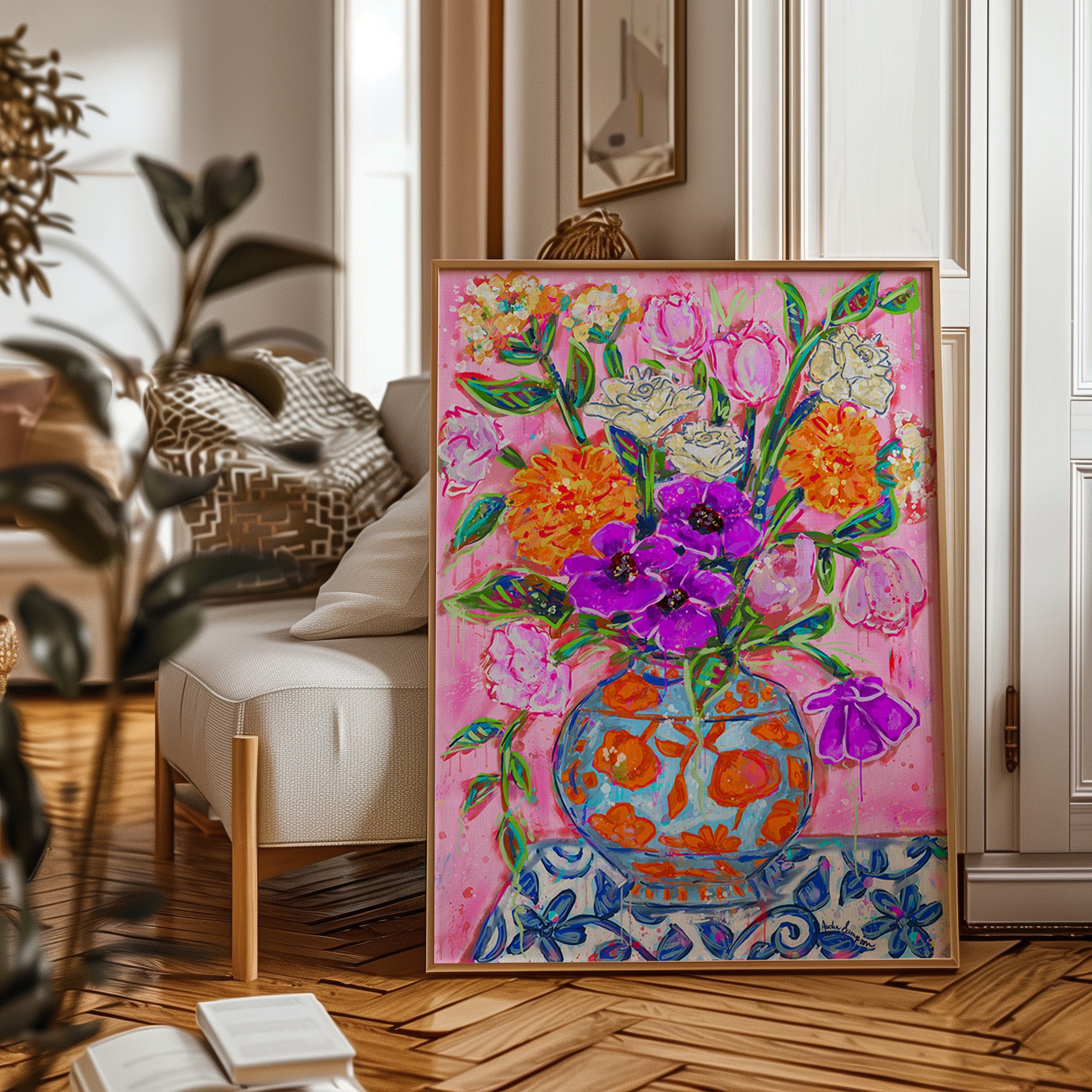 Orange & Blue Vase Bouquet Art Print on Paper or Canvas - Maximalist Decor, Pink Wall Art Poster