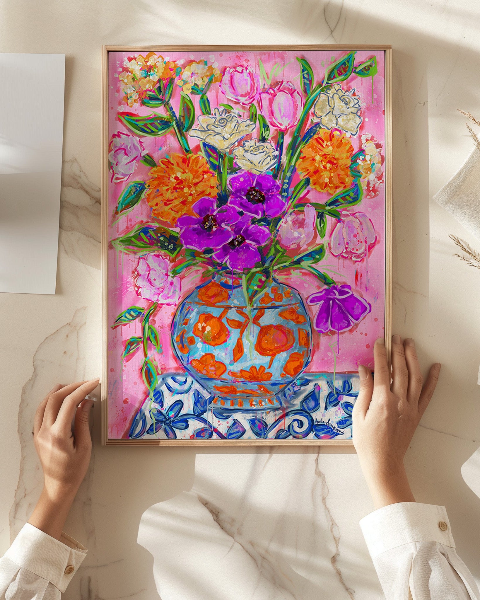 Orange & Blue Vase Bouquet Art Print on Paper or Canvas - Maximalist Decor, Pink Wall Art Poster