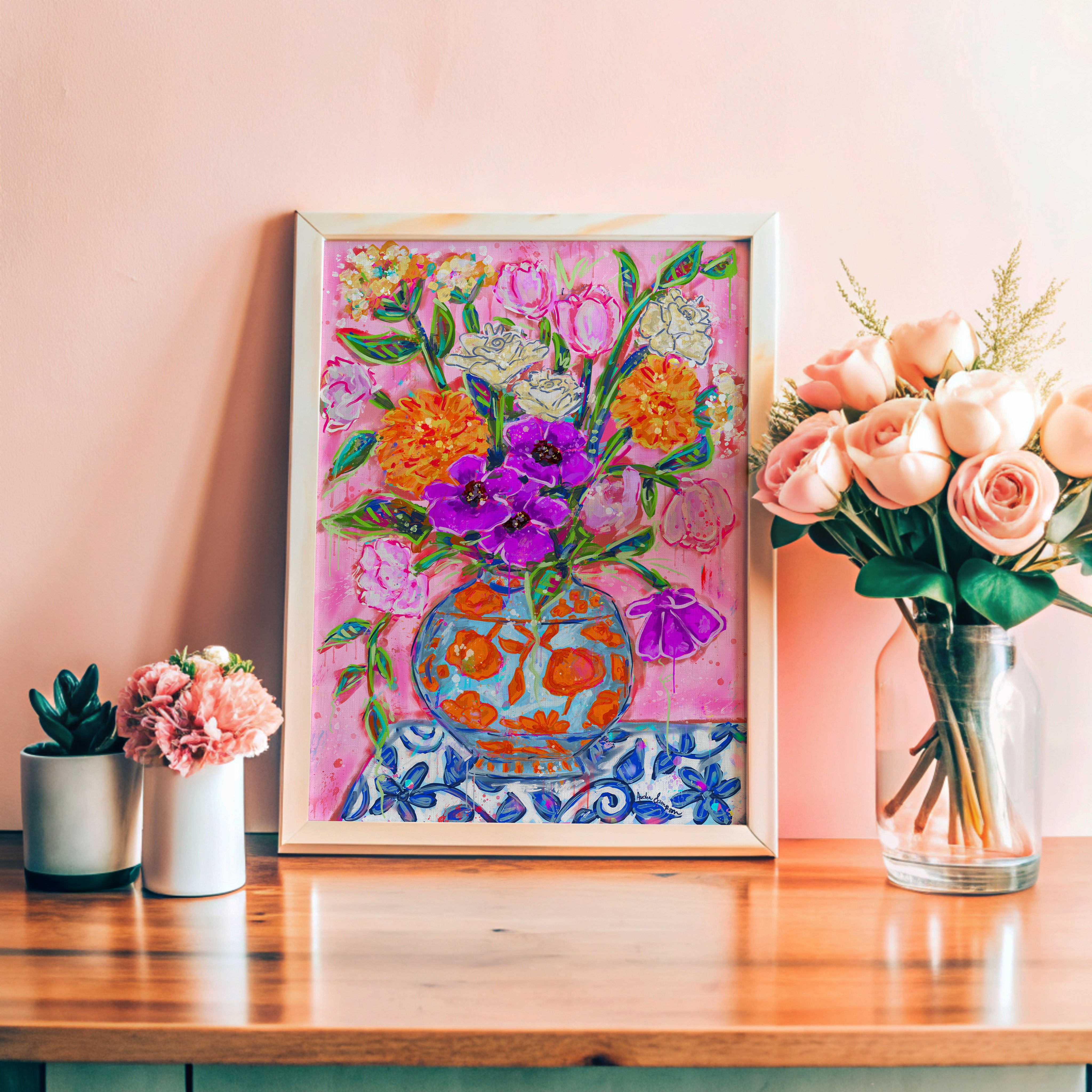 Orange & Blue Vase Bouquet Art Print on Paper or Canvas - Maximalist Decor, Pink Wall Art Poster