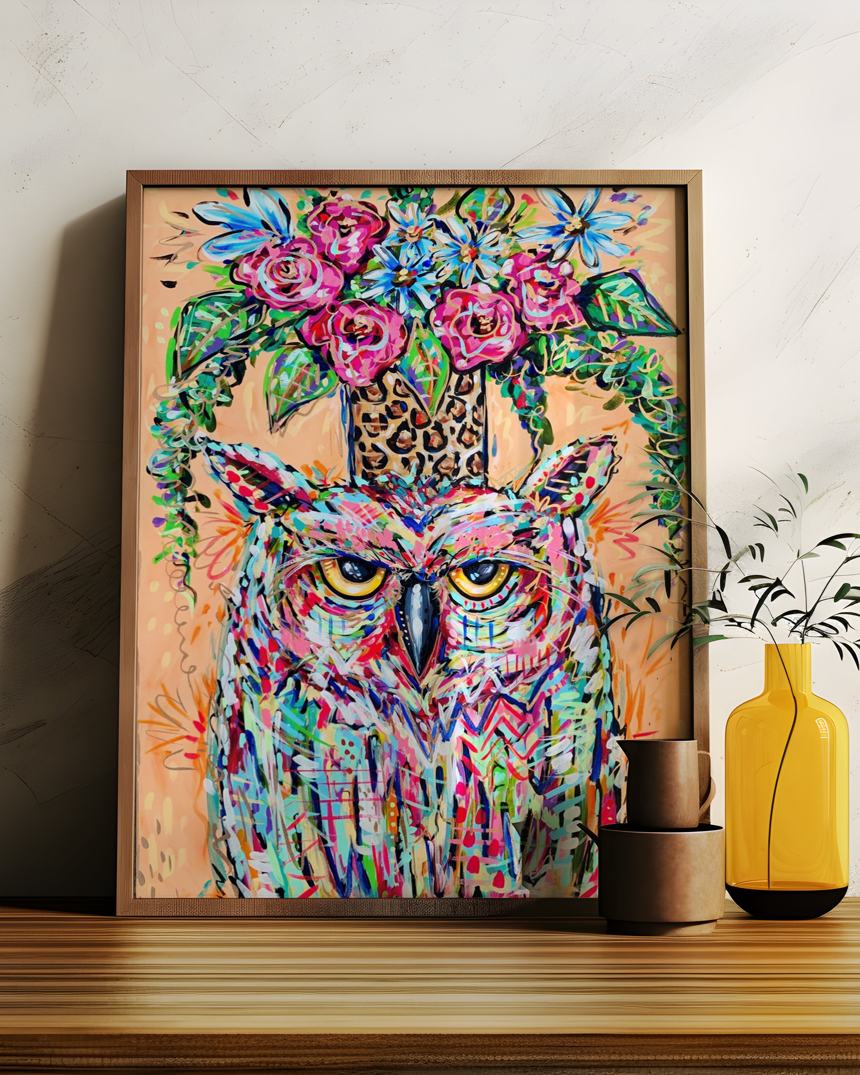 Owl and Bouquet Reproduction - Print on Paper or Canvas