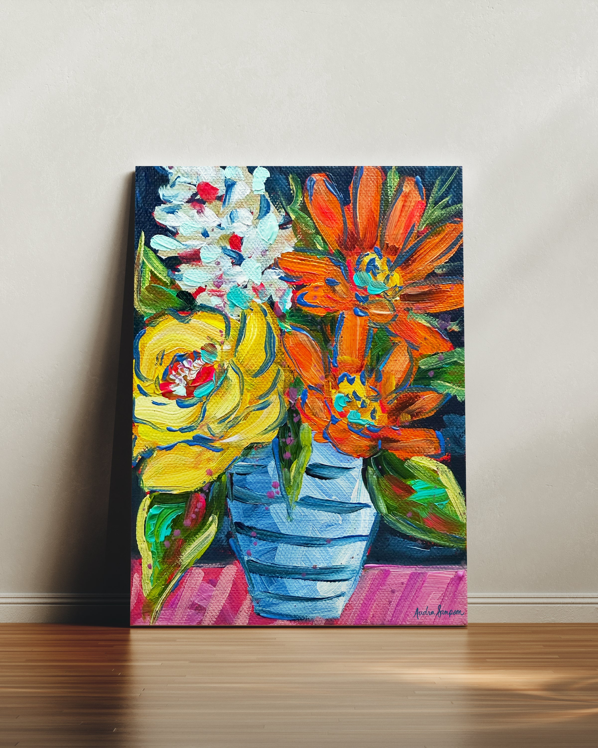 Orange Yellow Blue Stripe Vase Art Print on Paper or Canvas - Floral Decor, Maximalist Art Poster