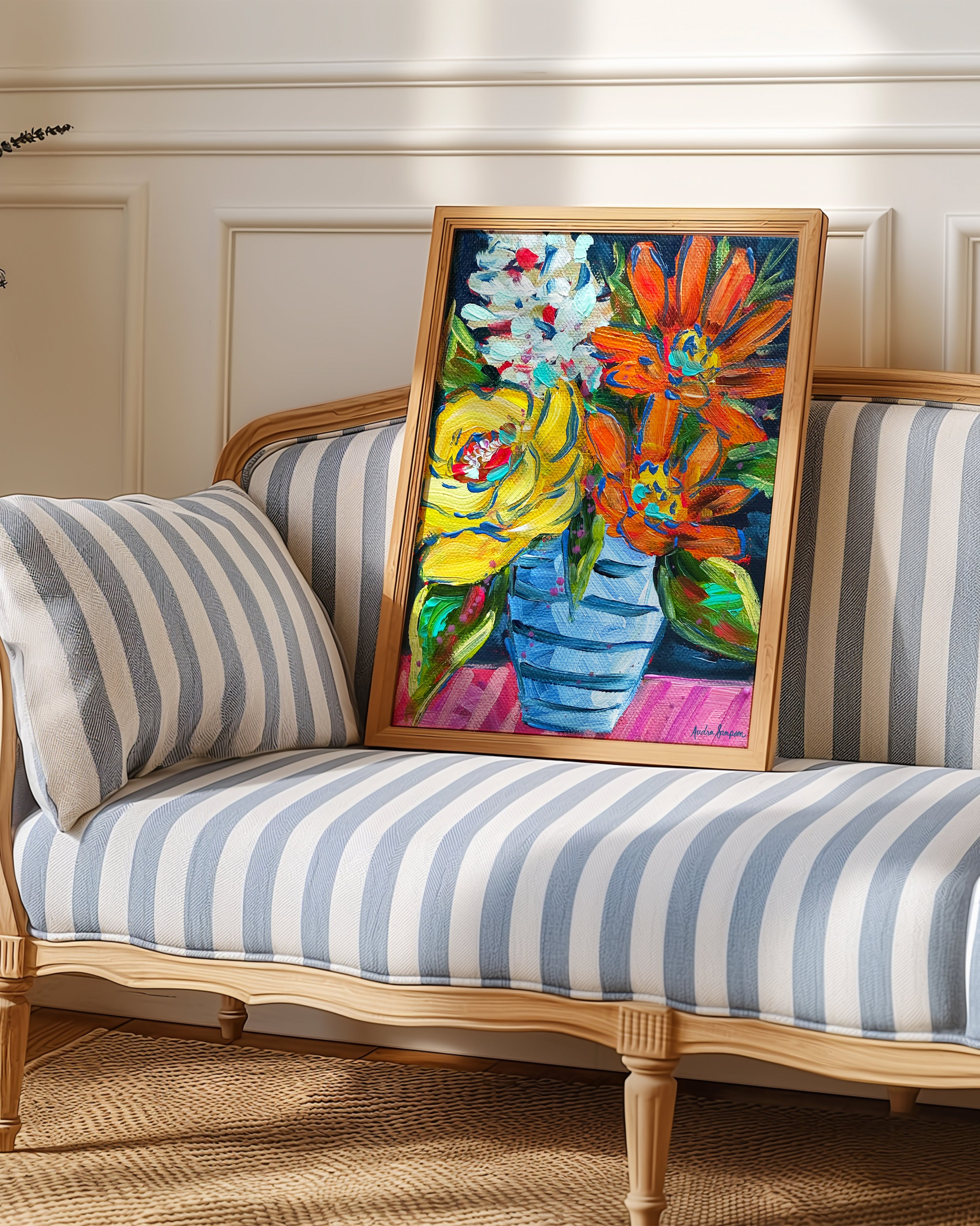 Orange Yellow Blue Stripe Vase Art Print on Paper or Canvas - Floral Decor, Maximalist Art Poster