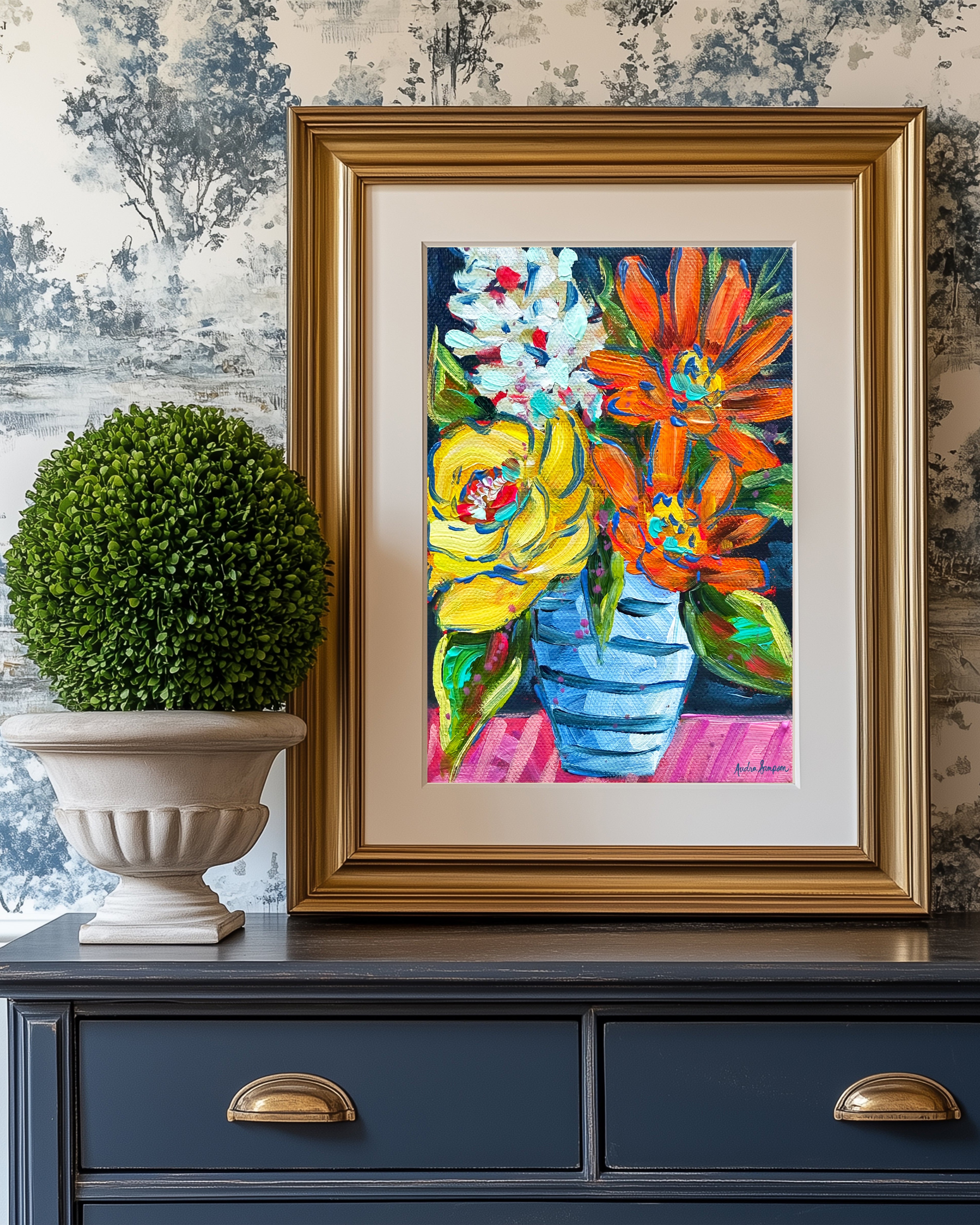 Orange Yellow Blue Stripe Vase Art Print on Paper or Canvas - Floral Decor, Maximalist Art Poster