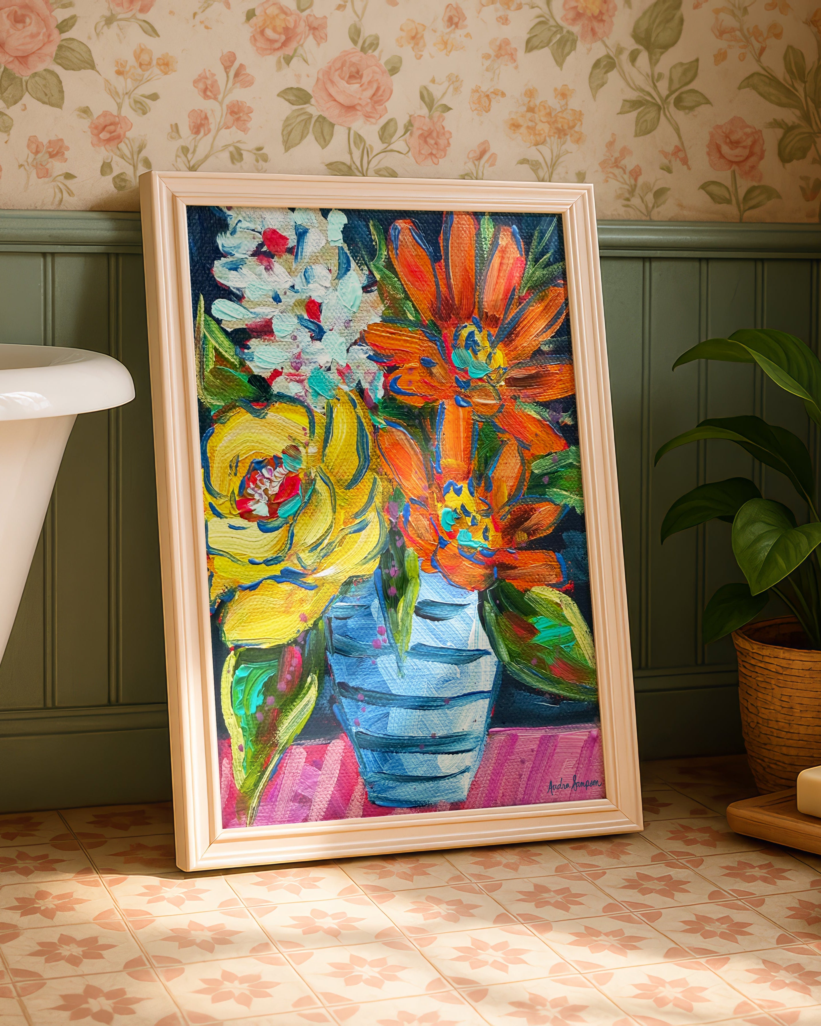 Orange Yellow Blue Stripe Vase Art Print on Paper or Canvas - Floral Decor, Maximalist Art Poster