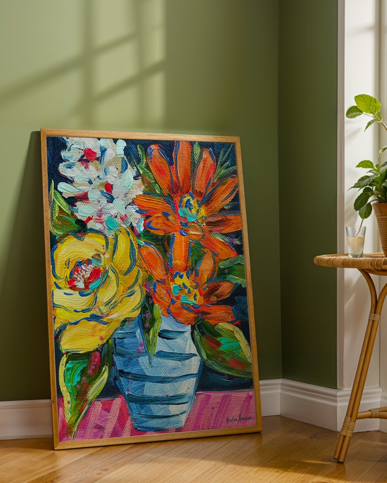 Orange Yellow Blue Stripe Vase Art Print on Paper or Canvas - Floral Decor, Maximalist Art Poster