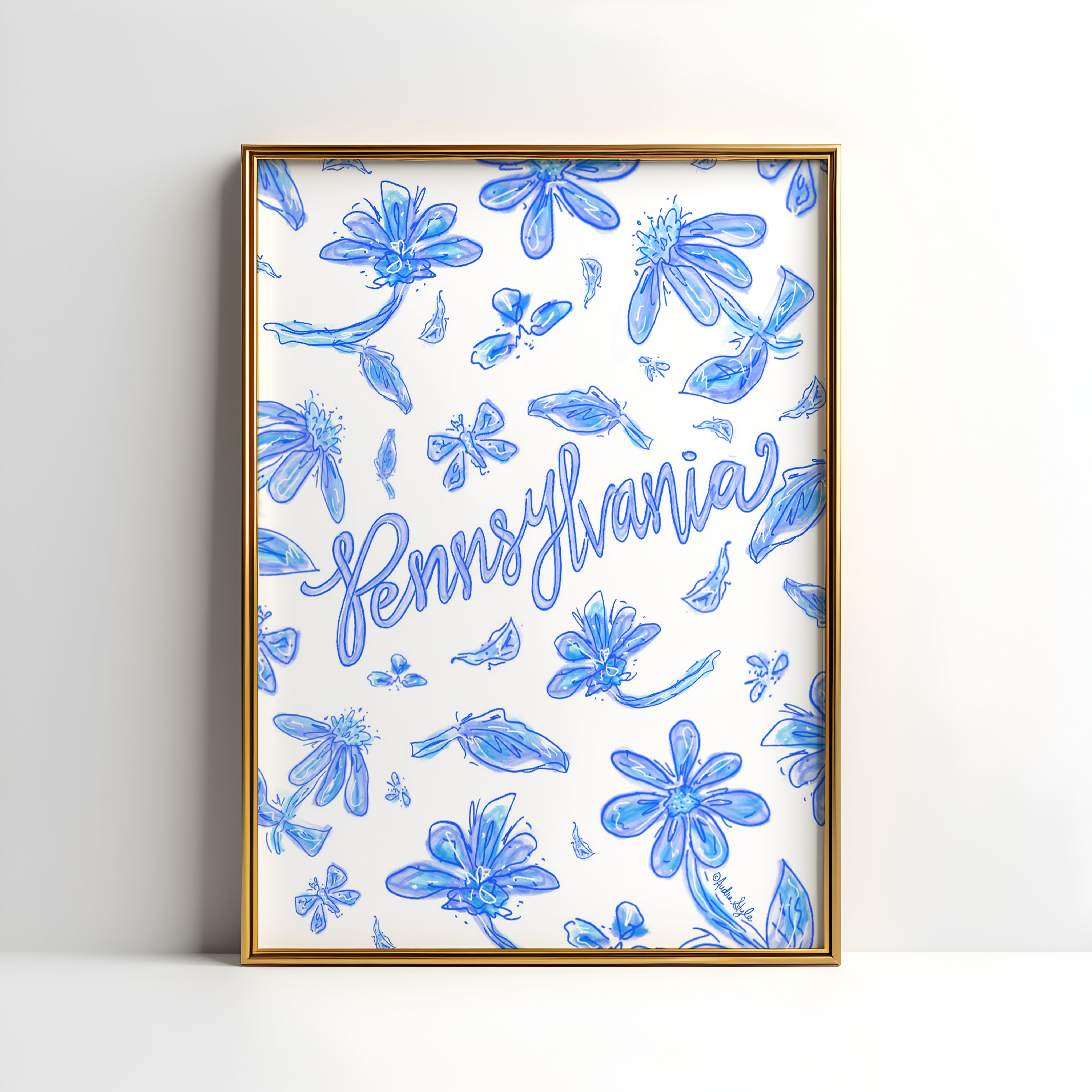 Pennsylvania Art Print on Paper or Canvas - State Pride, Hometown, Blue White Floral Wall Art Poster