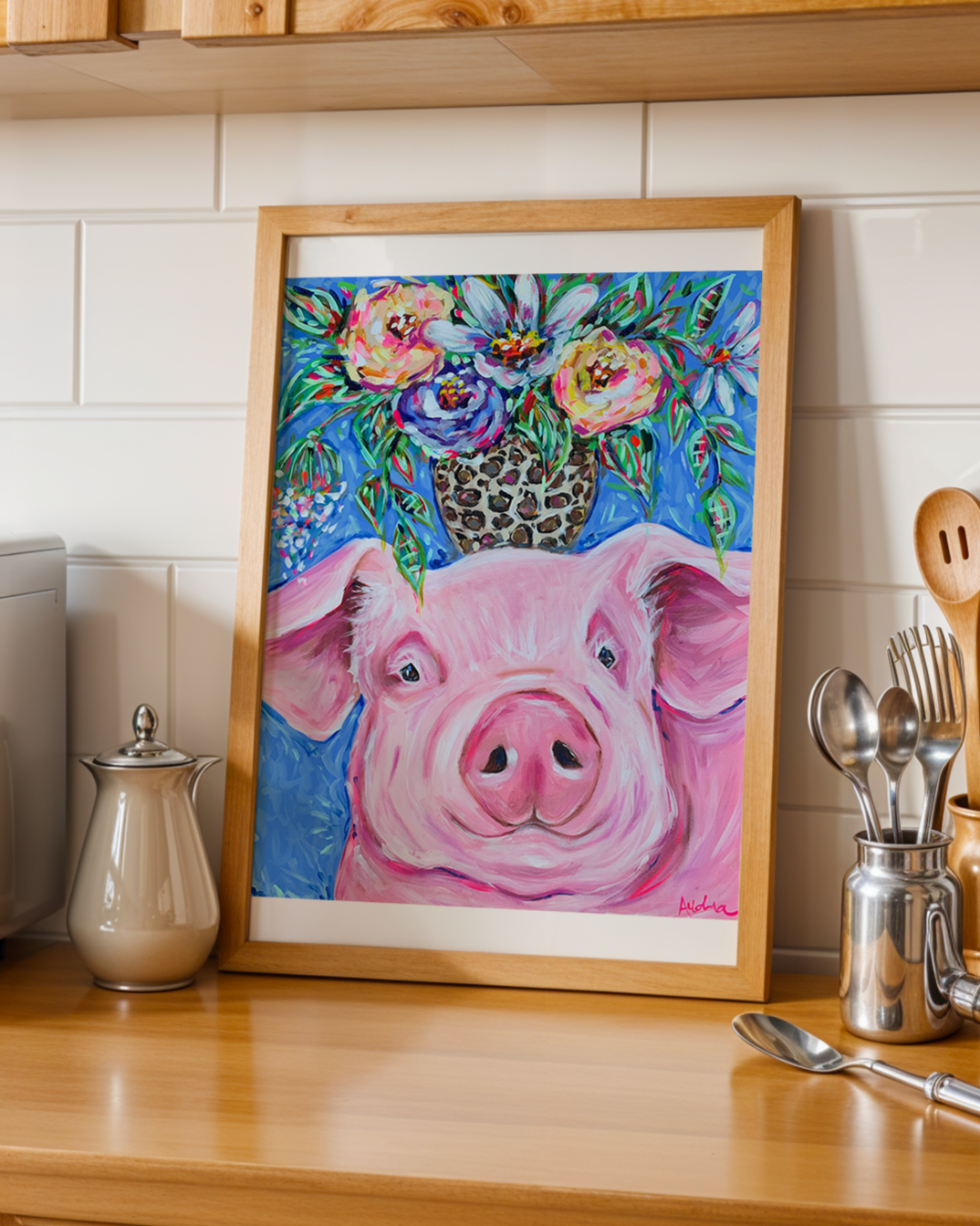 Pig Bouquet Art Print on Paper or Canvas - Dopamine Decor, Maximalist Wall Art, Farmhouse Poster