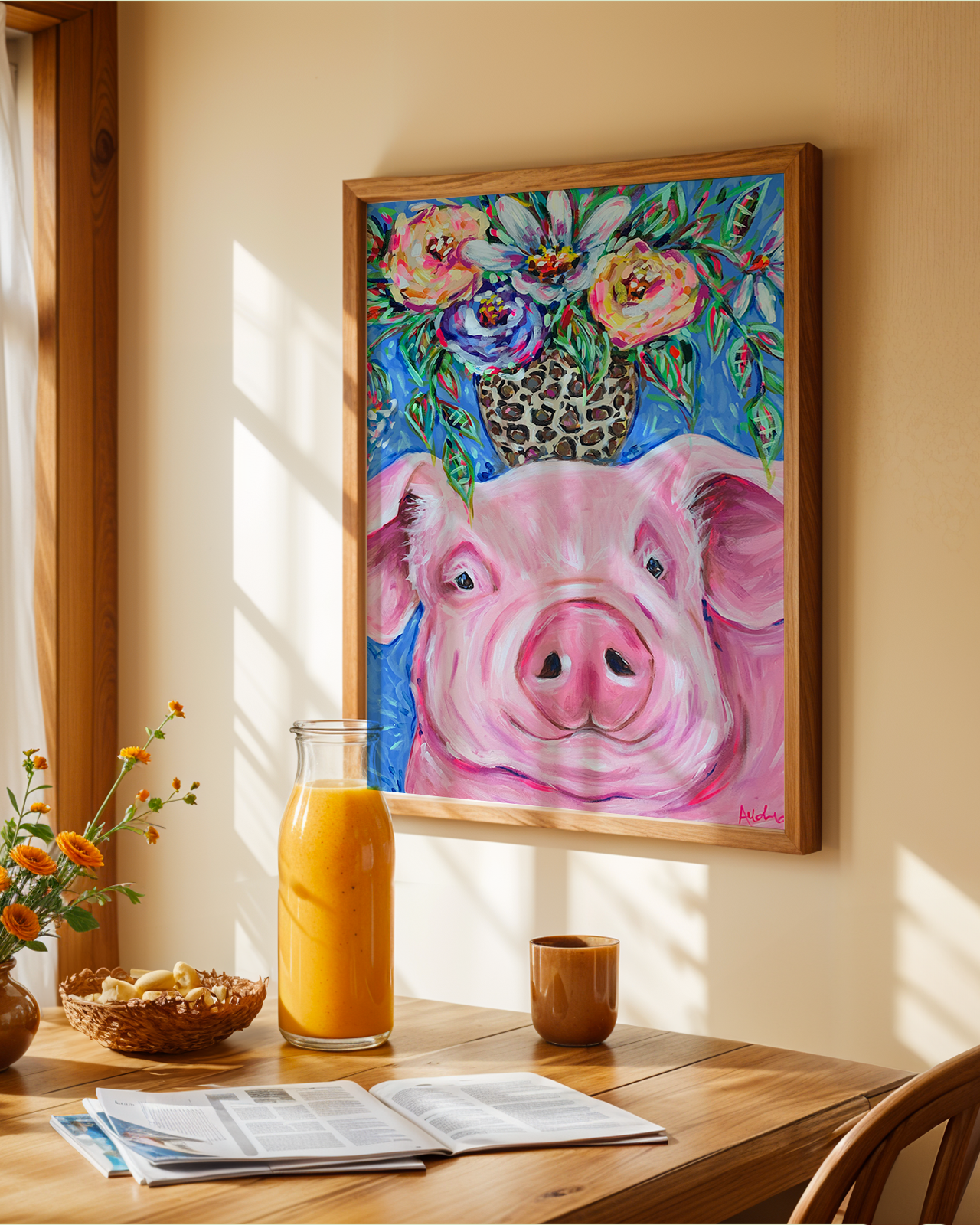 Pig Bouquet Art Print on Paper or Canvas - Dopamine Decor, Maximalist Wall Art, Farmhouse Poster