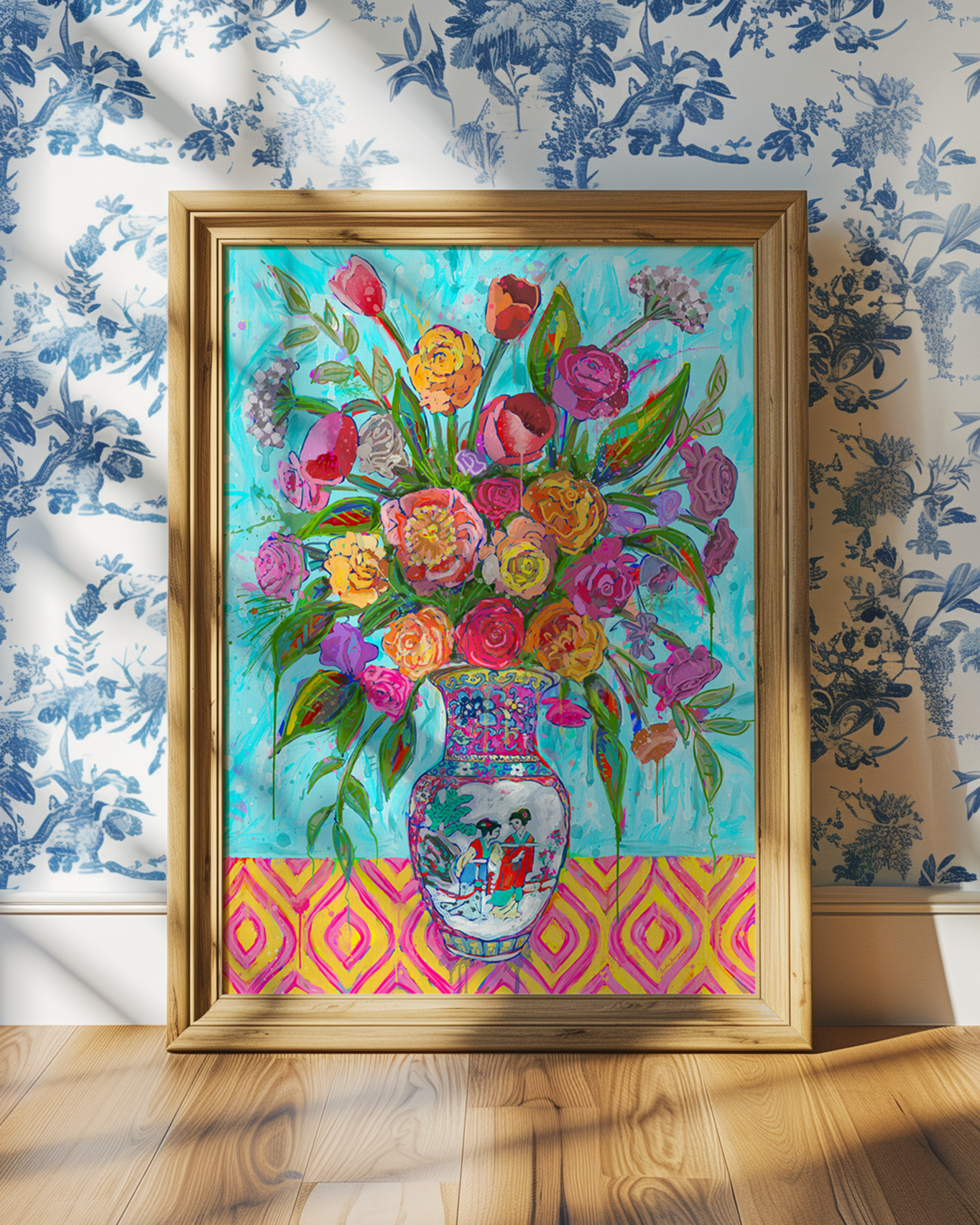 Chinoiserie Vase Bouquet Art Print on Paper or Canvas - Blue and White Floral Decor, Maximalist Art Poster (Copy)